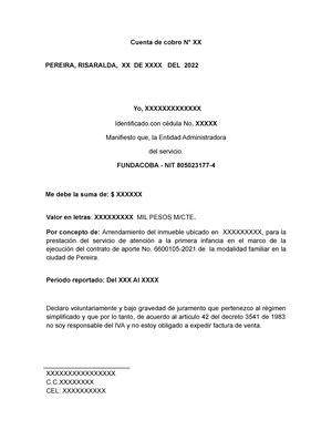 Modelo Cuenta de cobro arrendamiento DIMF 2022 - Cuenta de cobro N° XX  PEREIRA, RISARALDA, XX DE - Studocu