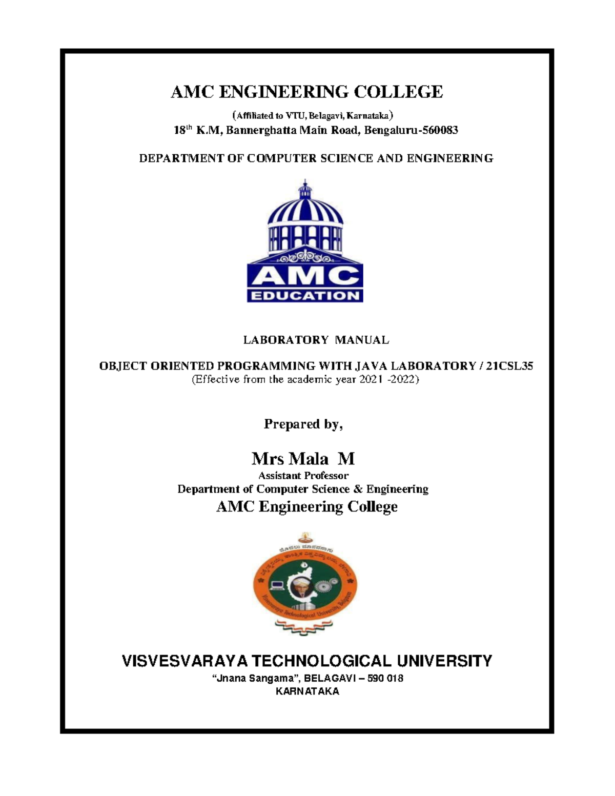 JAVA LAB Manual21CSL35 AMC ENGINEERING COLLEGE (Affiliated to VTU