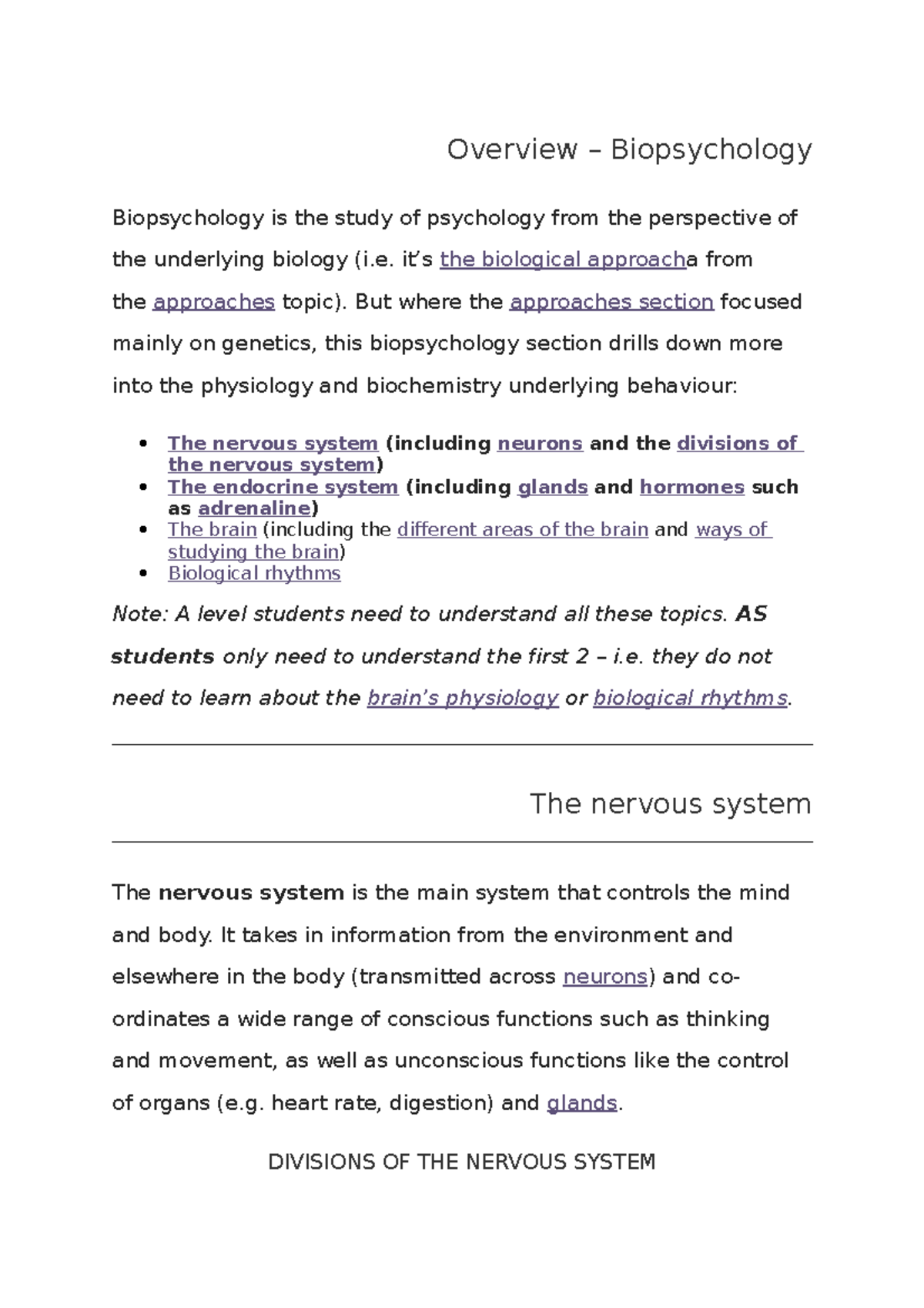 Biopsych notes - Overview – Biopsychology Biopsychology is the study of ...