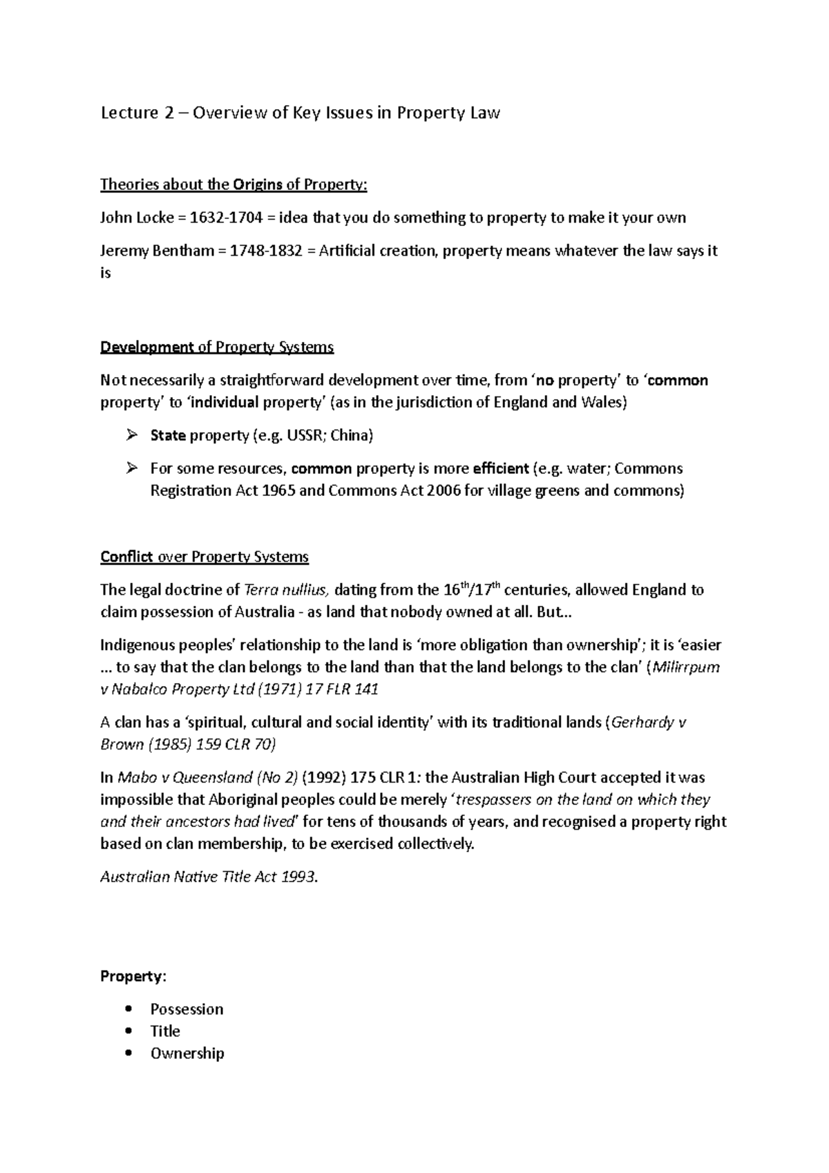 Lecture 2 Key Issues in Property Law Lecture 2 Overview of Key