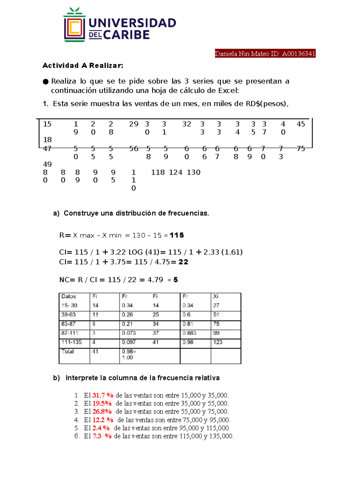 Estadistica- Unidad 3, Actividad 2 UNIDAD DE LA UNIVERSIDAD DEL CARIBE ...