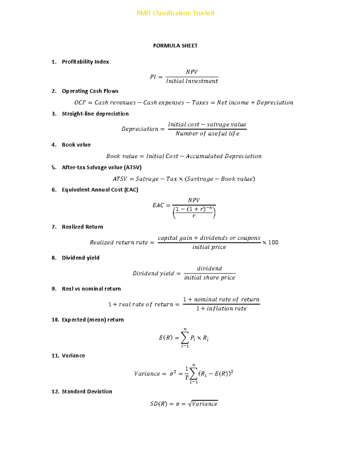 Formula Sheet Rmit Classification Trusted Formula Sheet Profitability Index