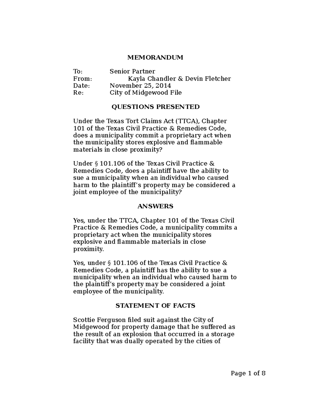 ALR Memo 1 Outline MEMORANDUM To Senior Partner From Kayla