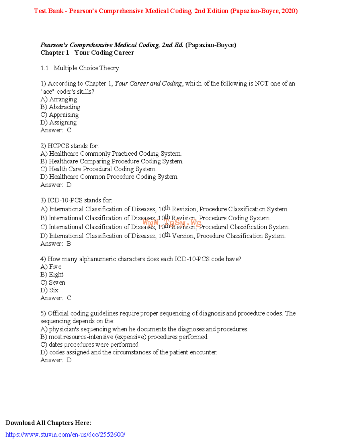 Test Bank - Pearson's Comprehensive Medical Coding, 2nd Edition ...