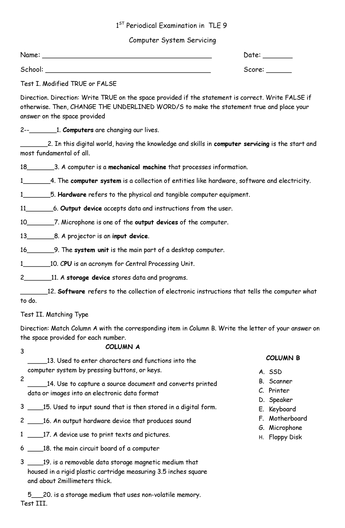 TLE 9 - First Quarter Exam - 1 ST Periodical Examination In TLE 9 ...