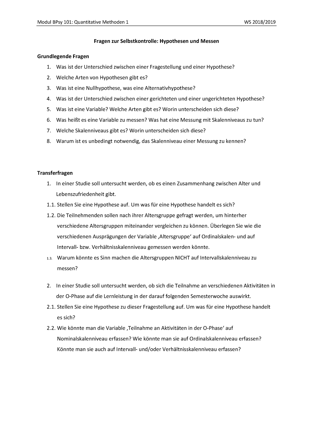 Lernfragen 2: Hypothesen Und Messen - Modul BPsy 101: Quantitative ...