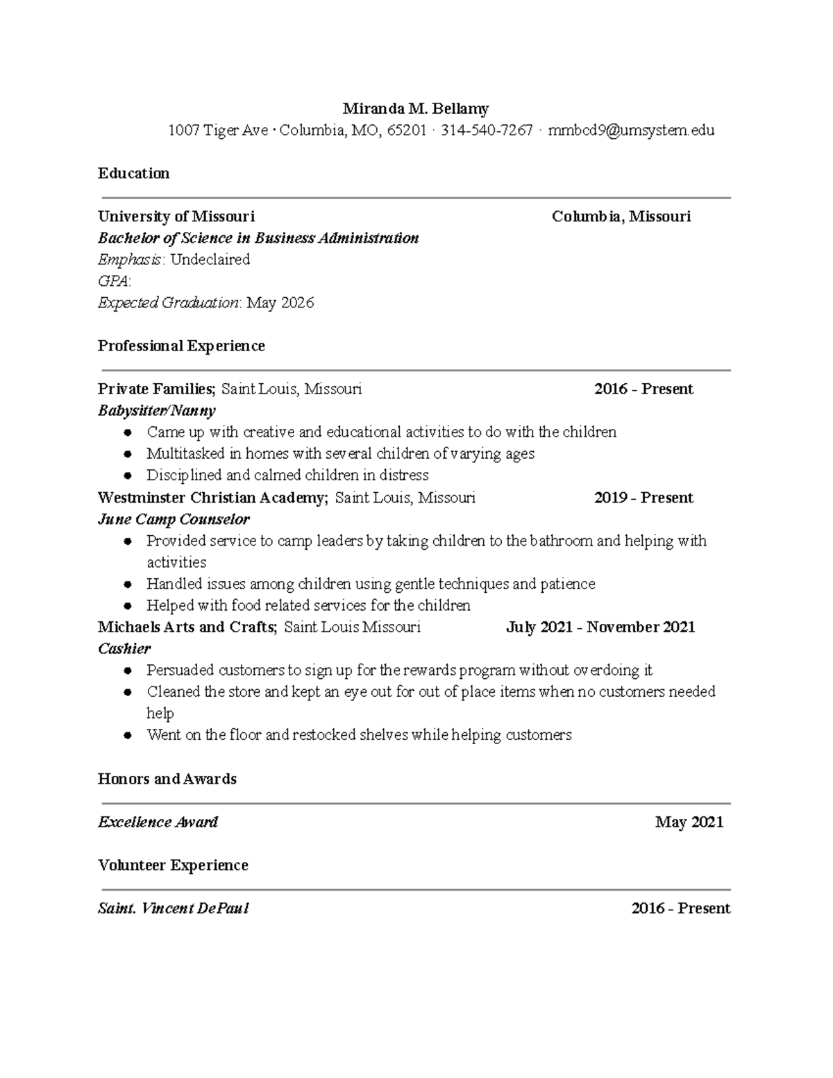 Mirandas Resume-2 - resume example - Miranda M. Bellamy 1007 Tiger Ave ...