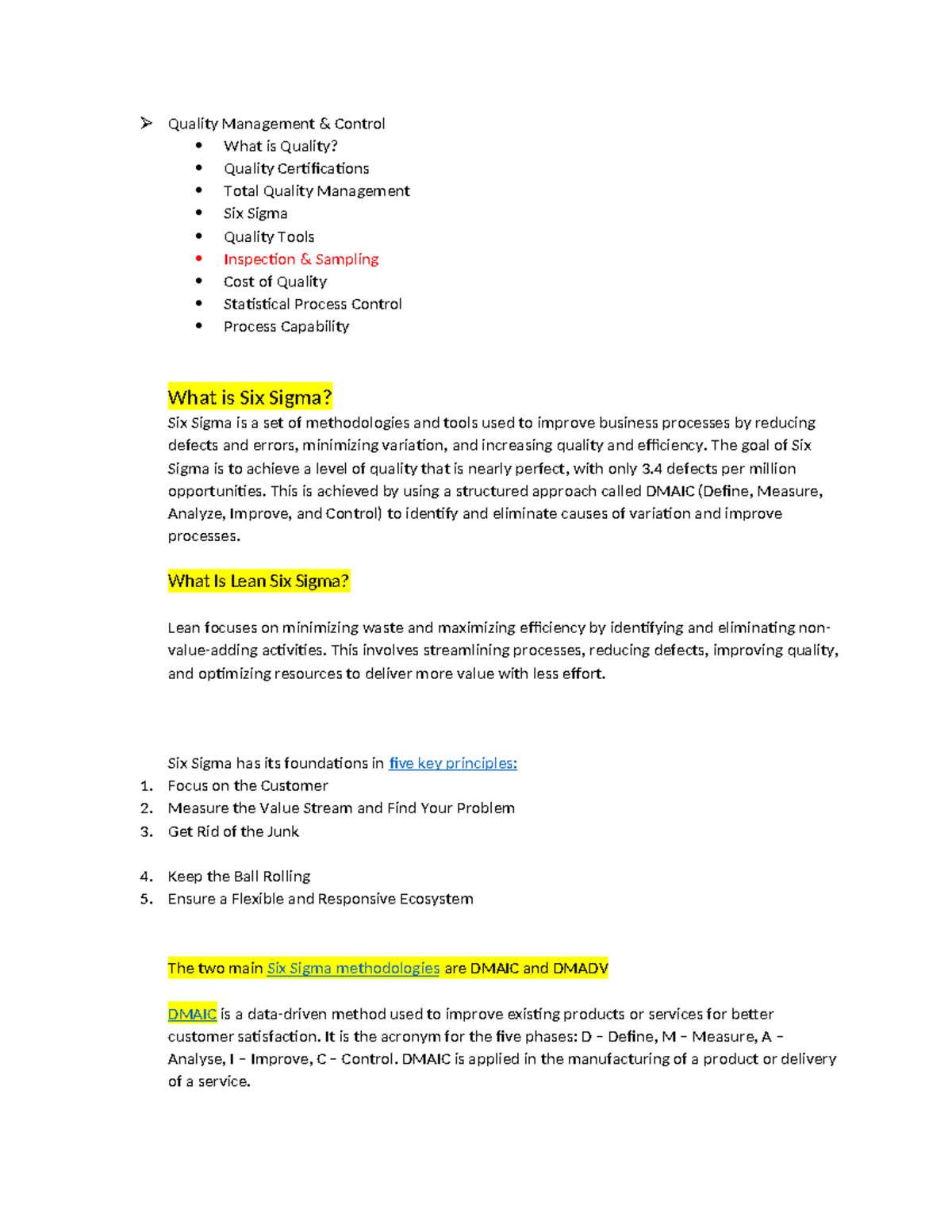 Quality Management - the notes are helpful. - Quality Management ...