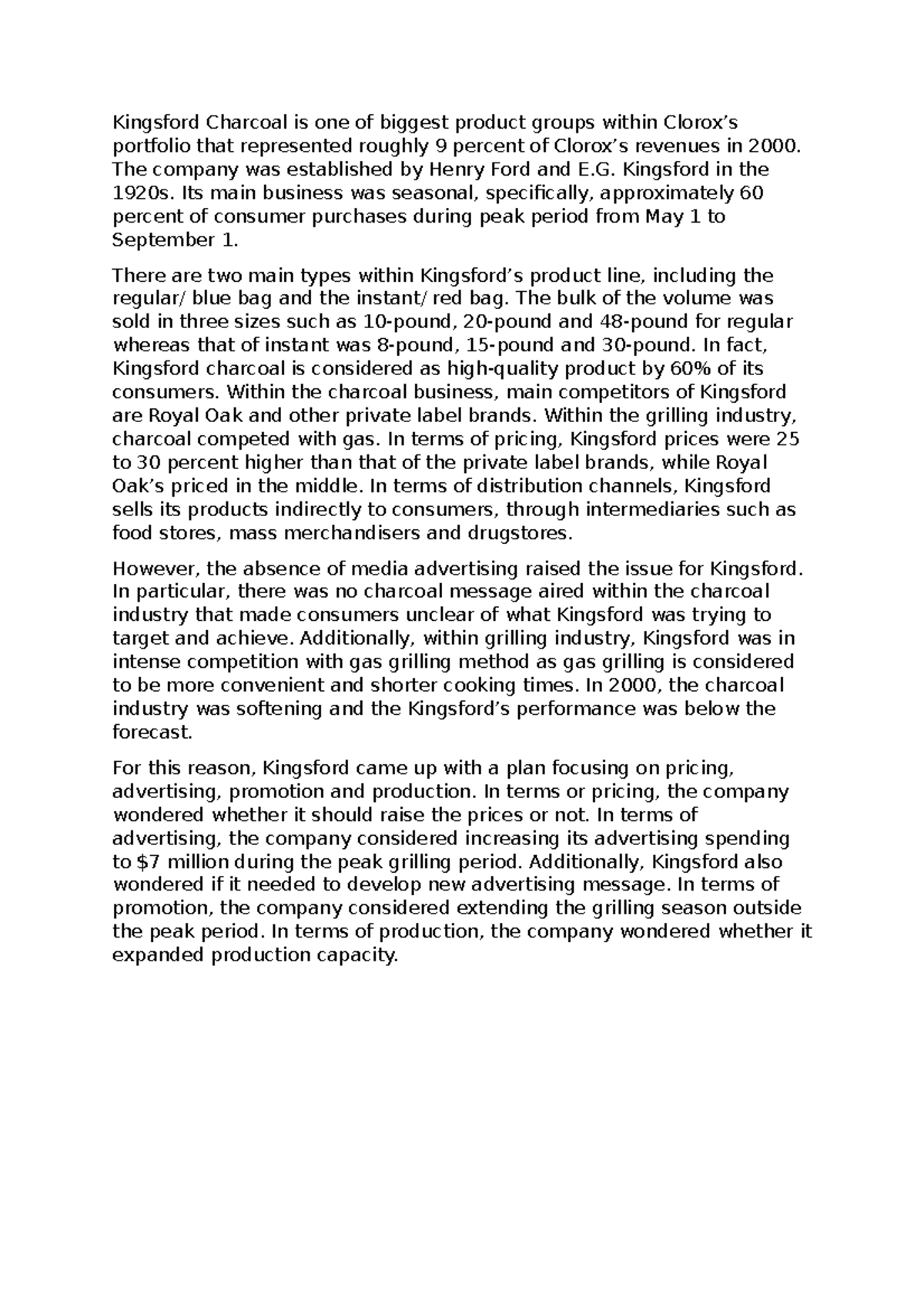 MKTG2008 Kingsford case Kingsford Charcoal is one of biggest product