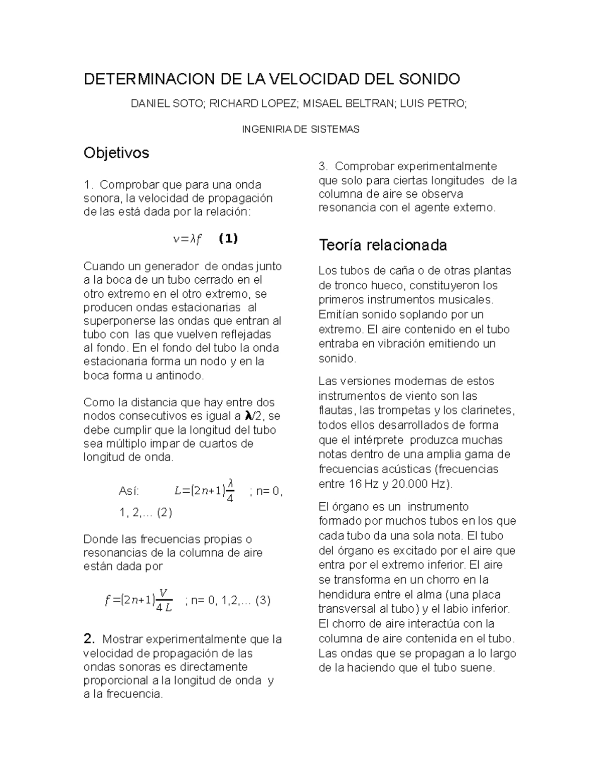 Determinacion DE LA Velocidad DEL Sonido - DETERMINACION DE LA ...