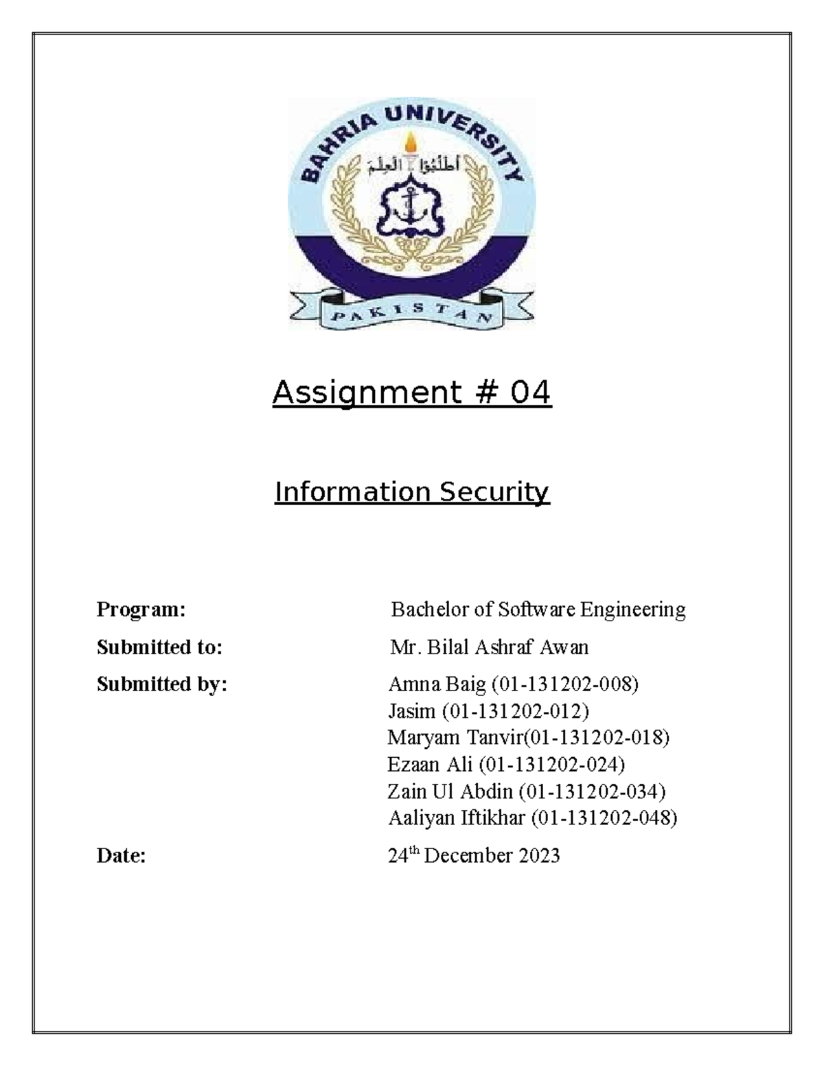 IS A4 - Information Security Notes - Assignment # 04 Information ...