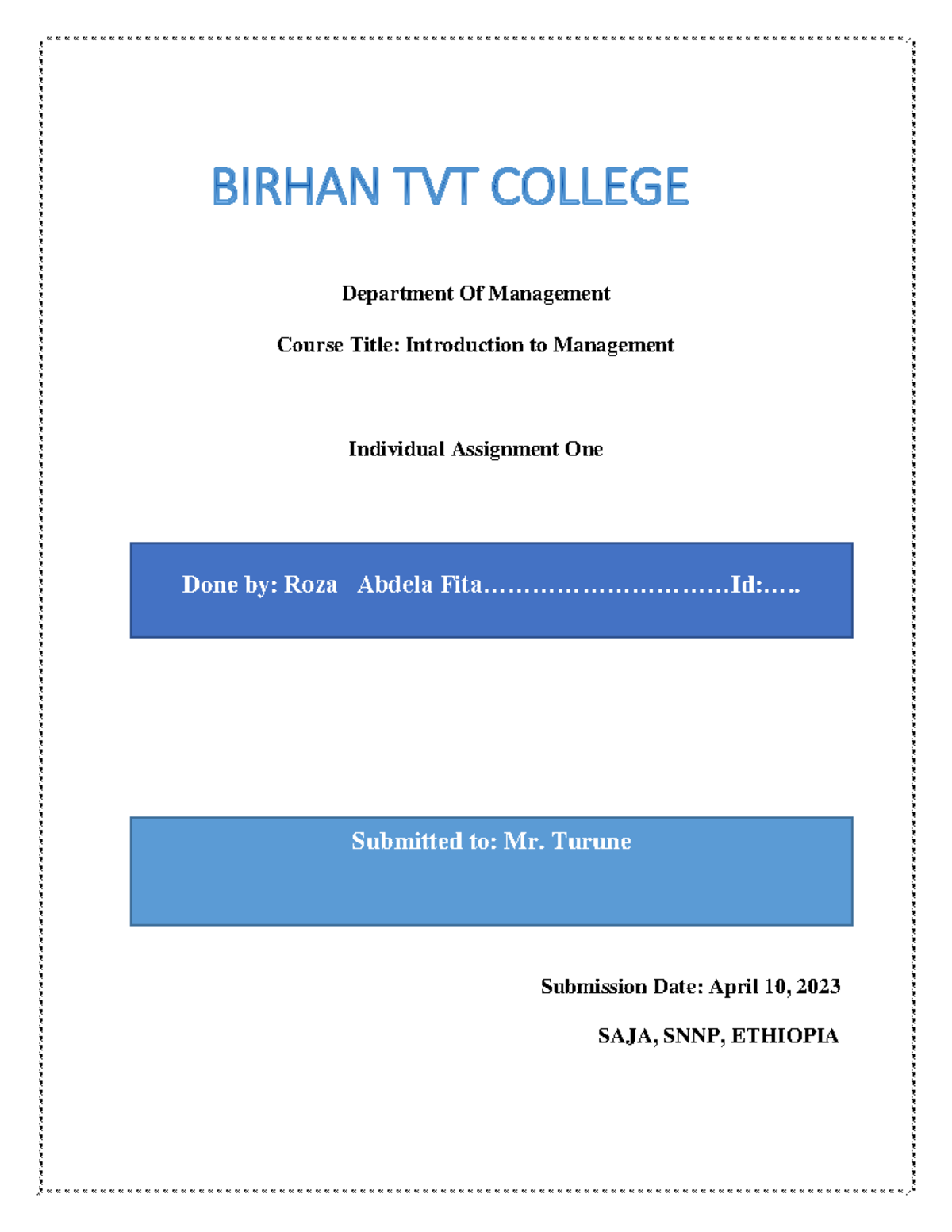 Managment Assignmet - Assignment - Department Of Management Course ...