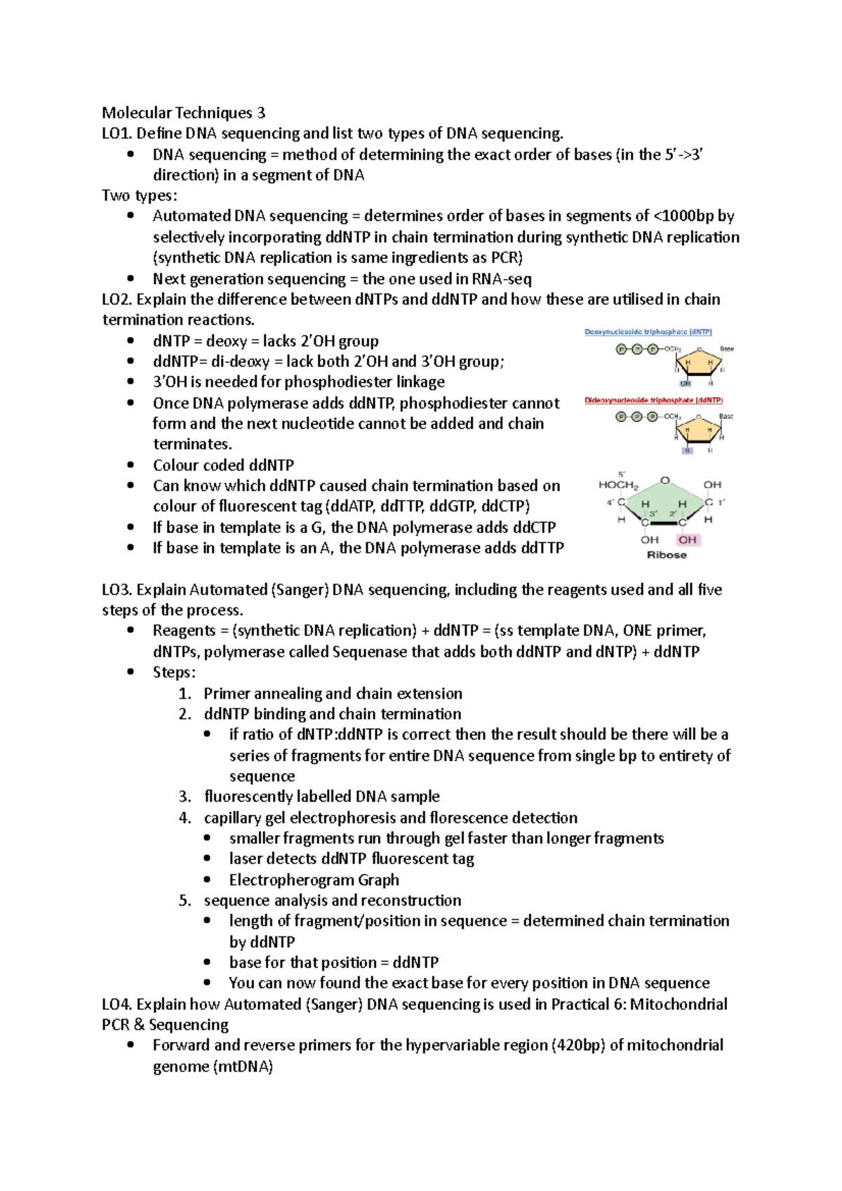 Molecular Techniques 3 Quiz Notes Molecular Techniques 3 LO1. Define DNA sequencing and list