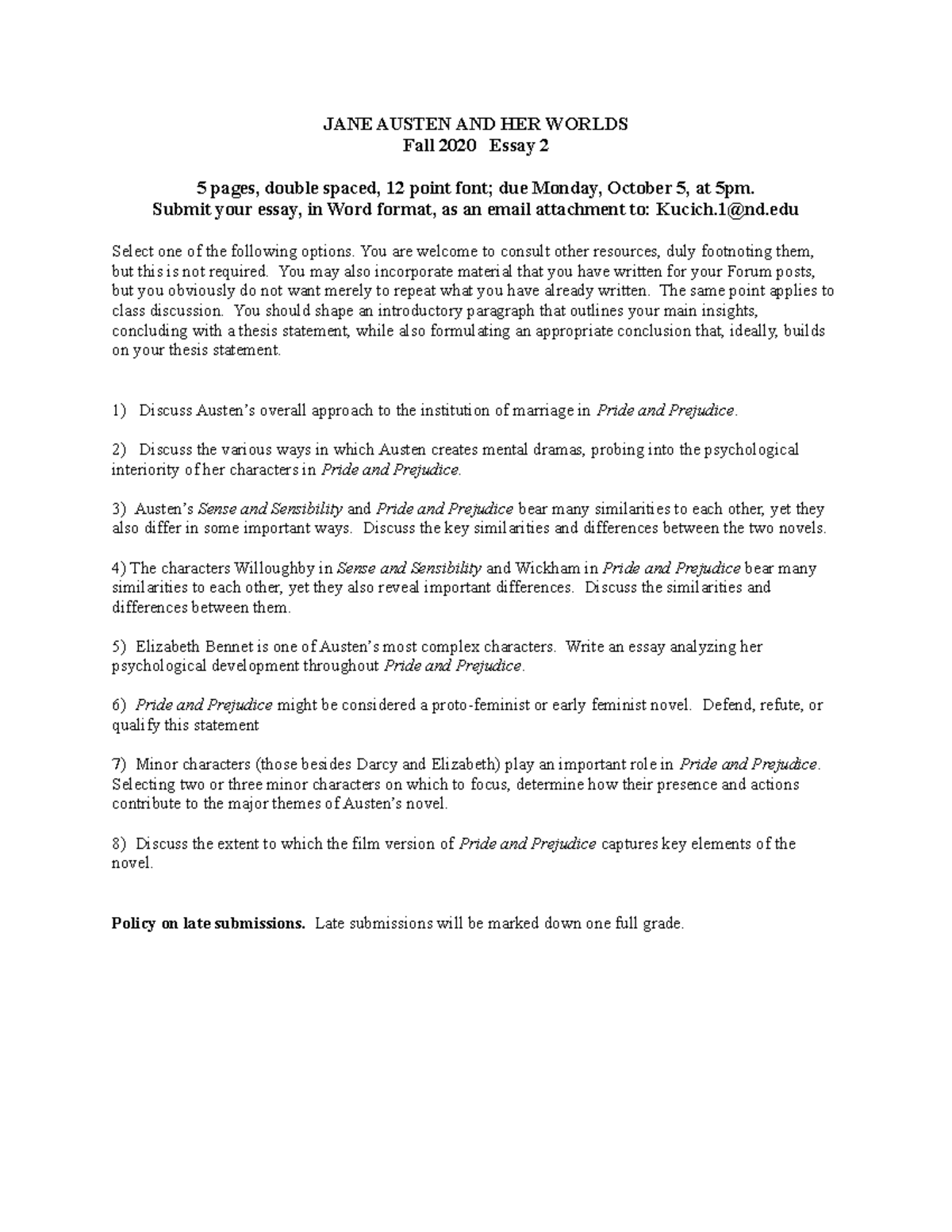 Essay Assignment 2 - JANE AUSTEN AND HER WORLDS Fall 2020 Essay 2 5 ...