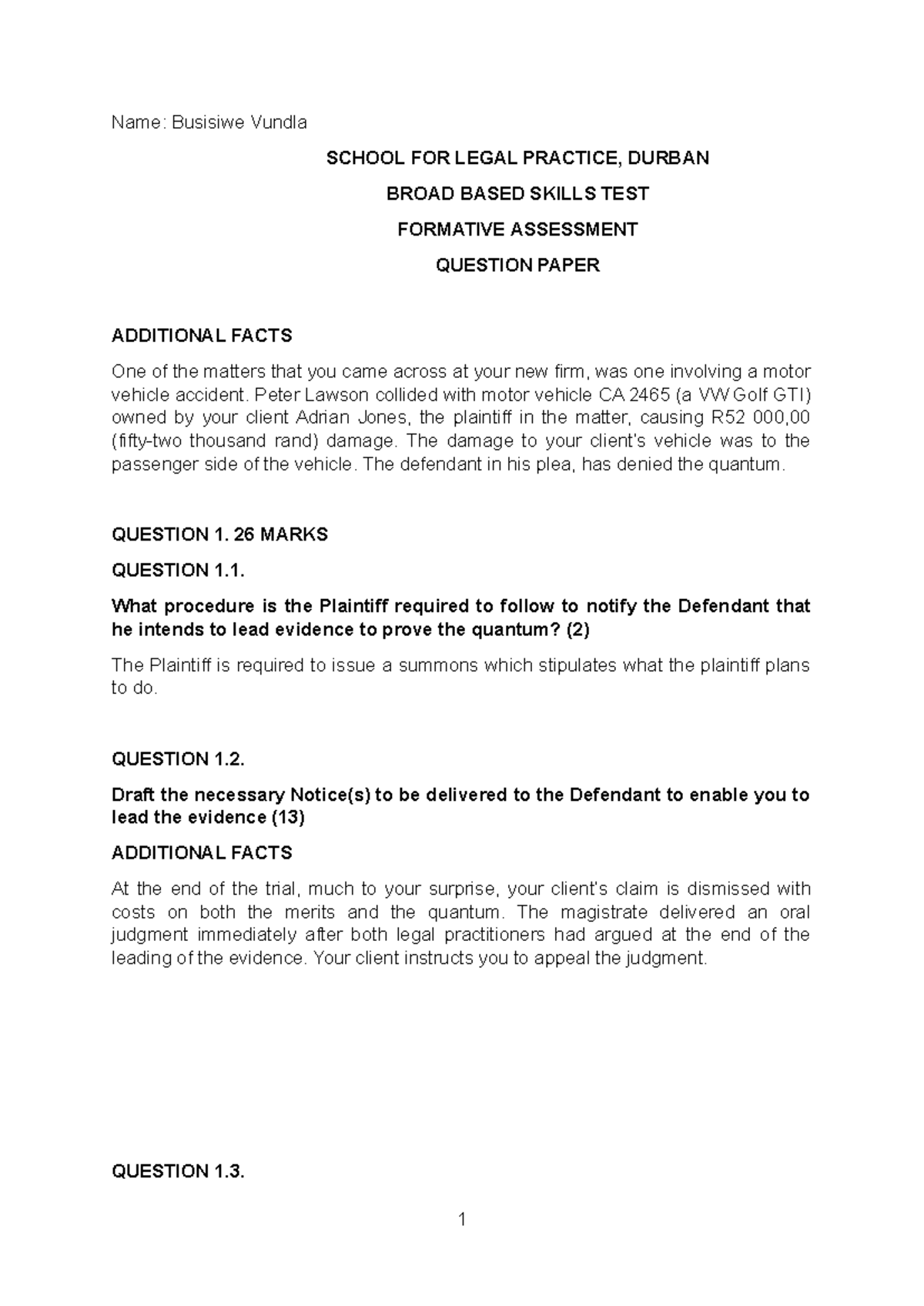 BSST Formative assessment - Name: Busisiwe Vundla SCHOOL FOR LEGAL ...