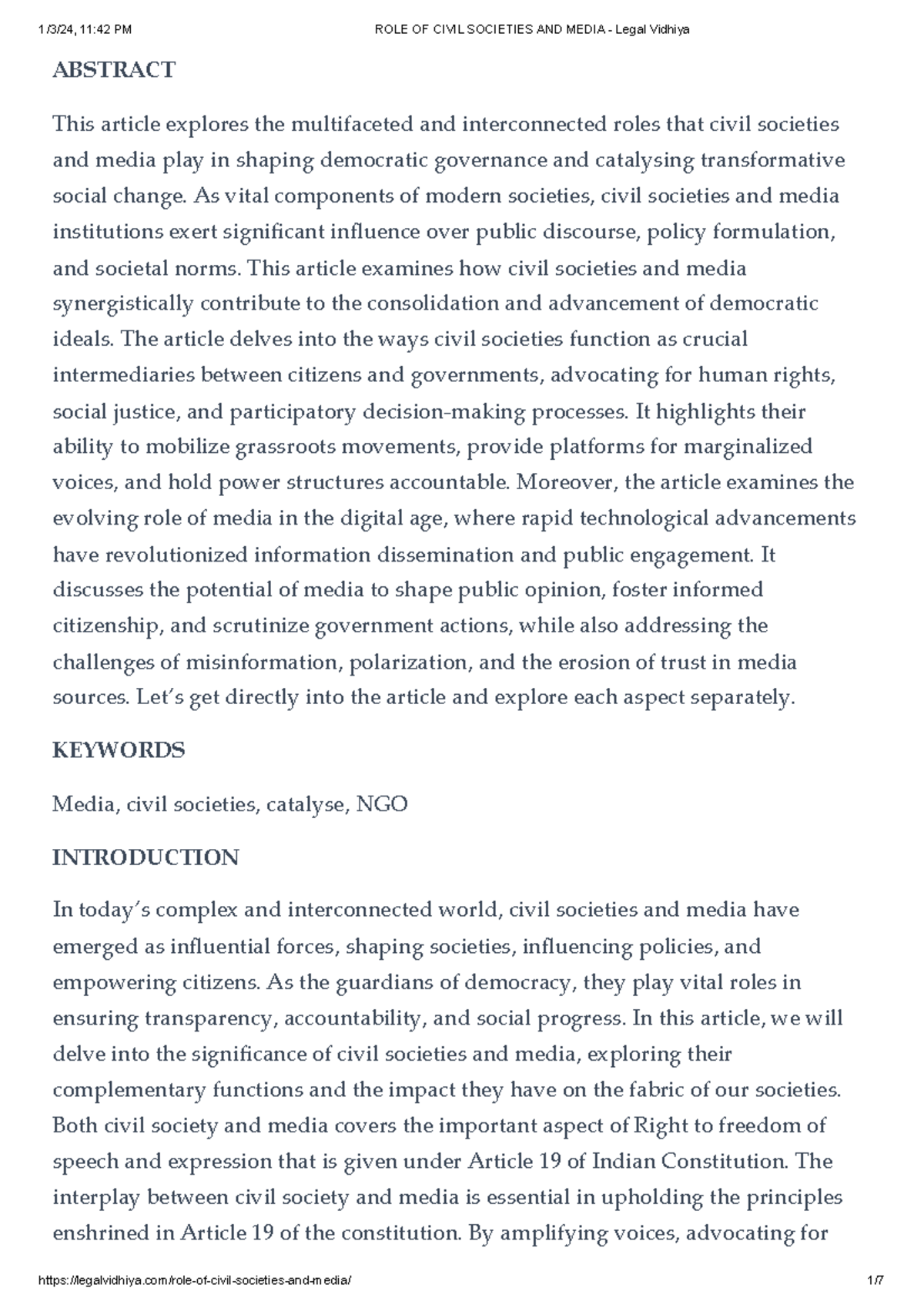 ROLE OF Civil Societies AND Media - Legal Vidhiya - ABSTRACT This ...