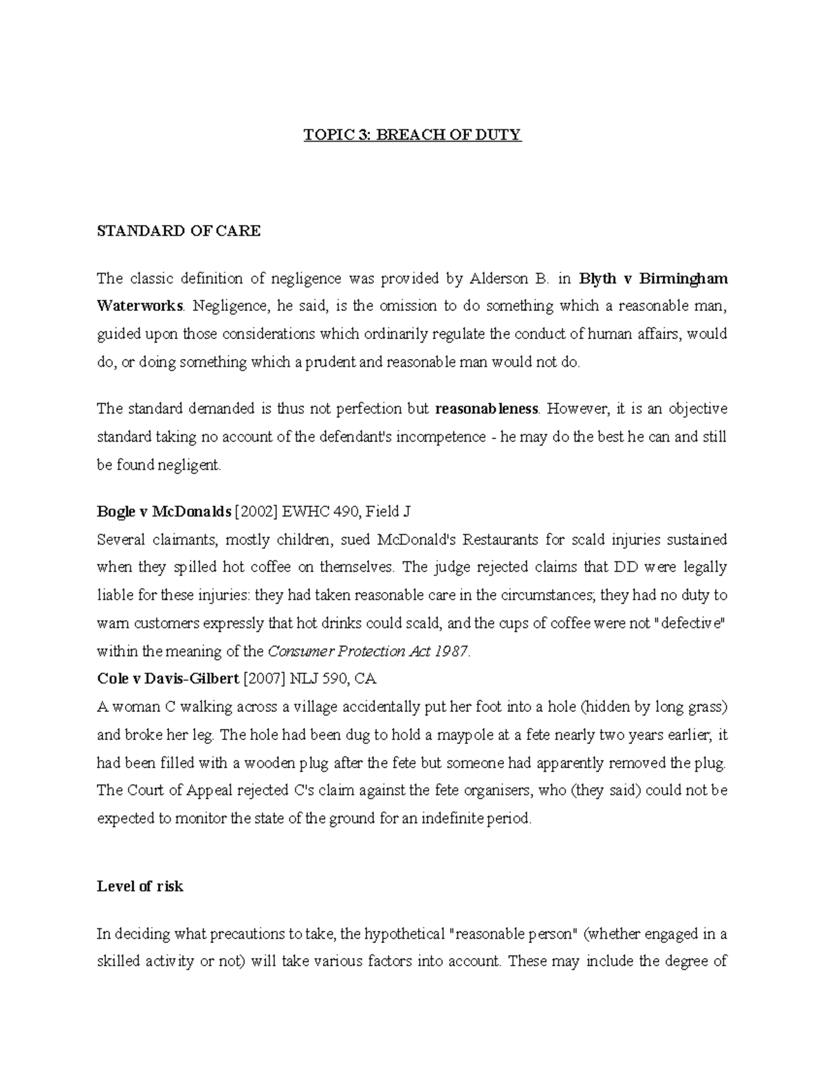 TORT 3 - Breach of Duty - notes - TOPIC 3: BREACH OF DUTY STANDARD OF ...