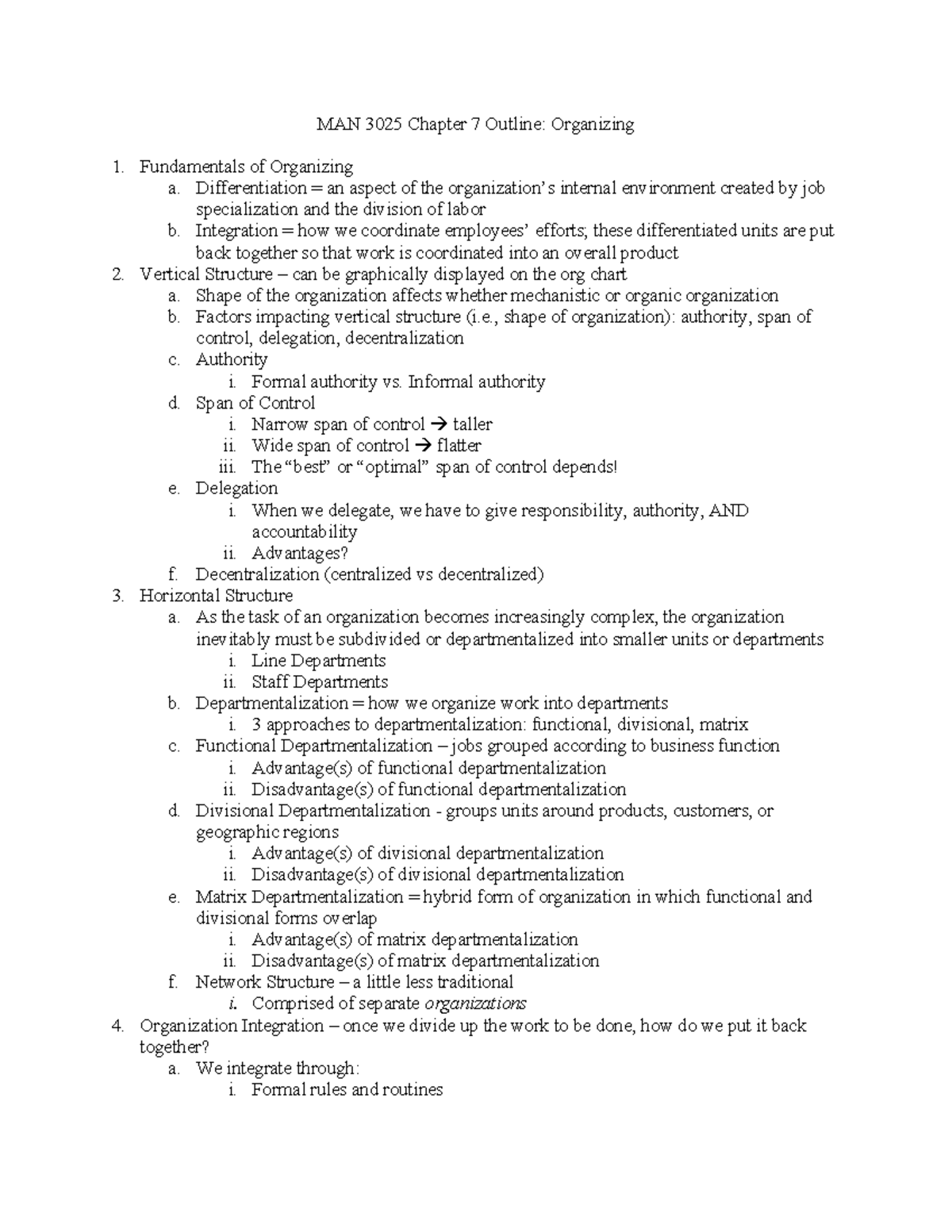 Ch 7 Outline - MAN 3025 Chapter 7 Outline: Organizing Fundamentals of ...