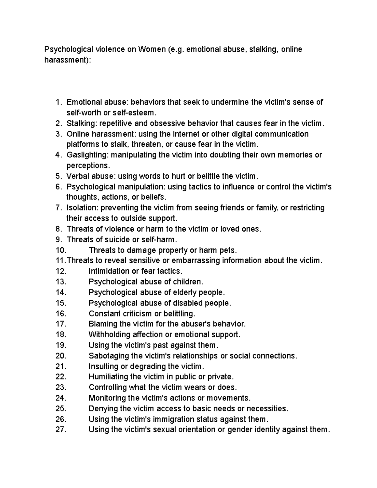 Psychological violence on Women emotional abuse, stalking, online