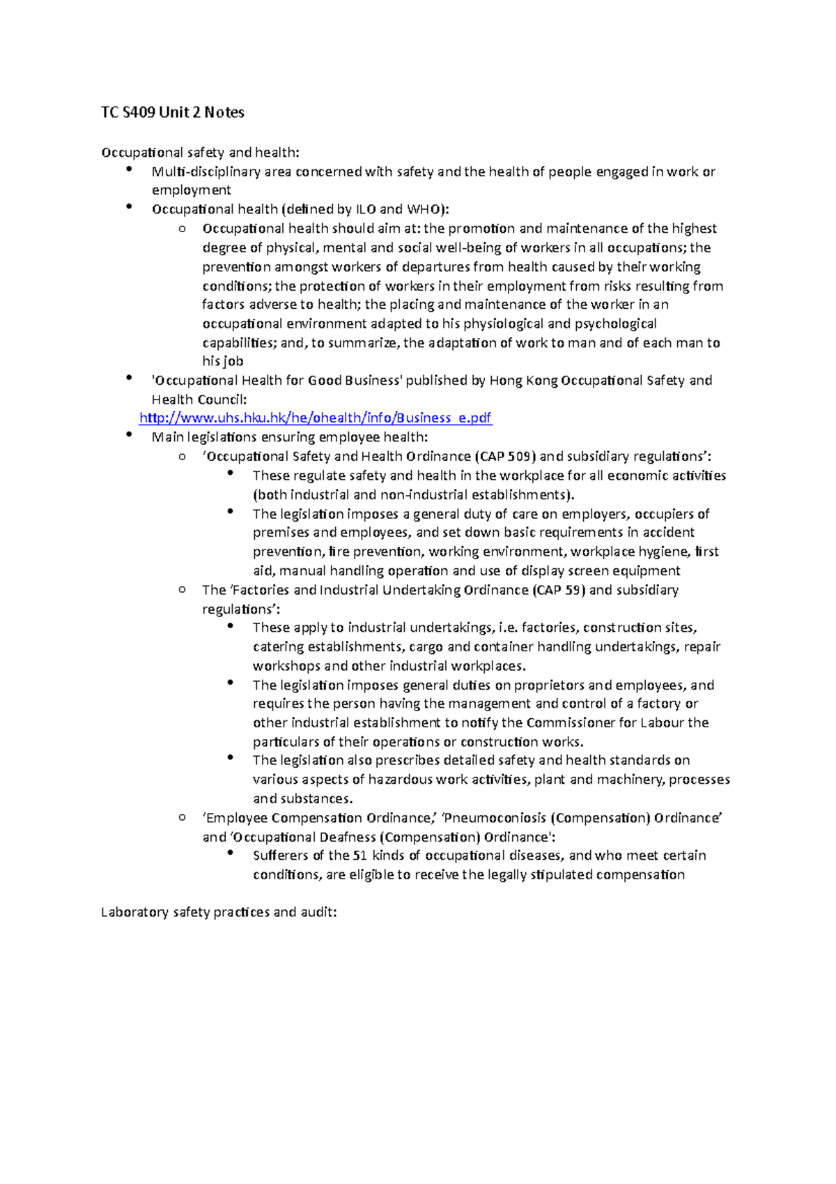 TC S409 Unit 2 Notes - TC S409 Unit 2 Notes Occupational safety and ...