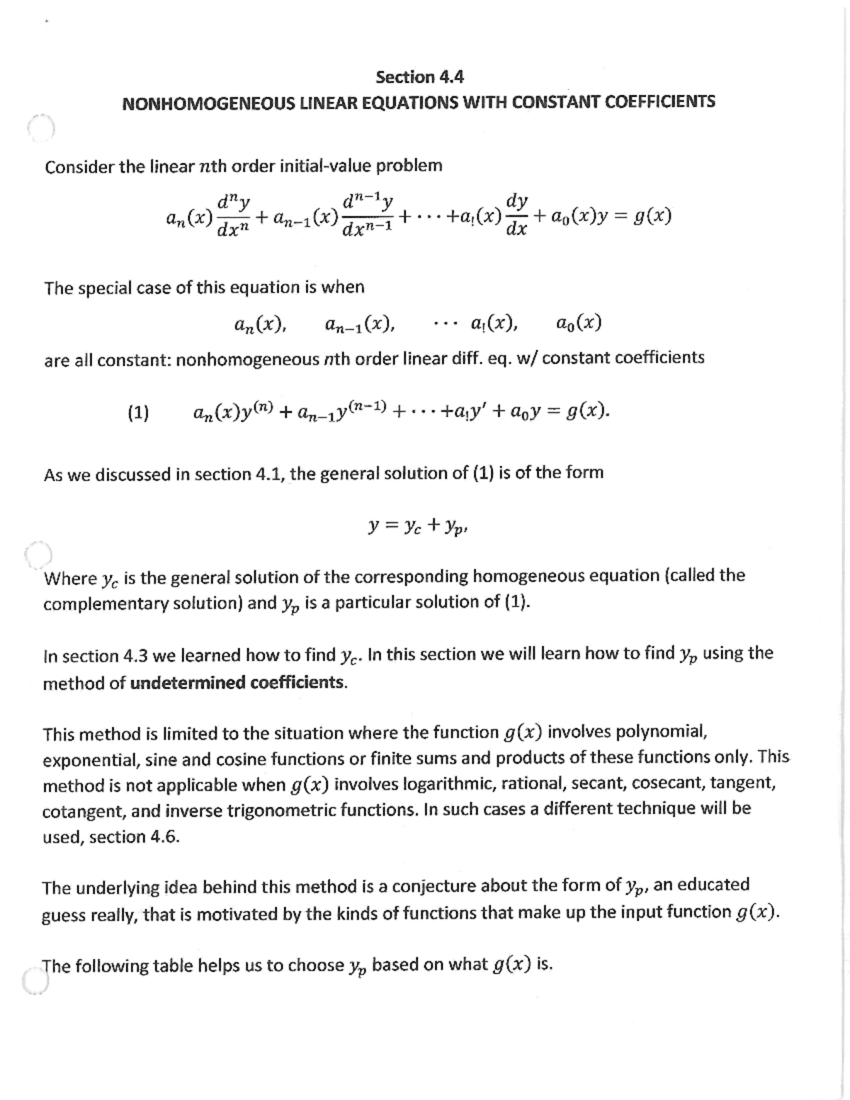 Section 4.4 Non-Homogeneous Linear Equations With Constant Coefficients ...