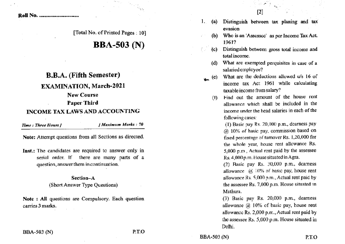 Bba 5 Sem Income Tax Laws And Accounting Bba 503 N Mar 2021 Income