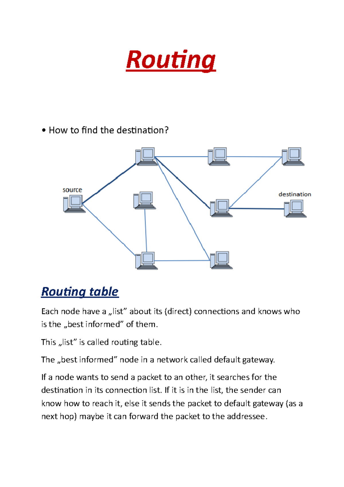 Routing Routing How to find the destination? Routing table Each node