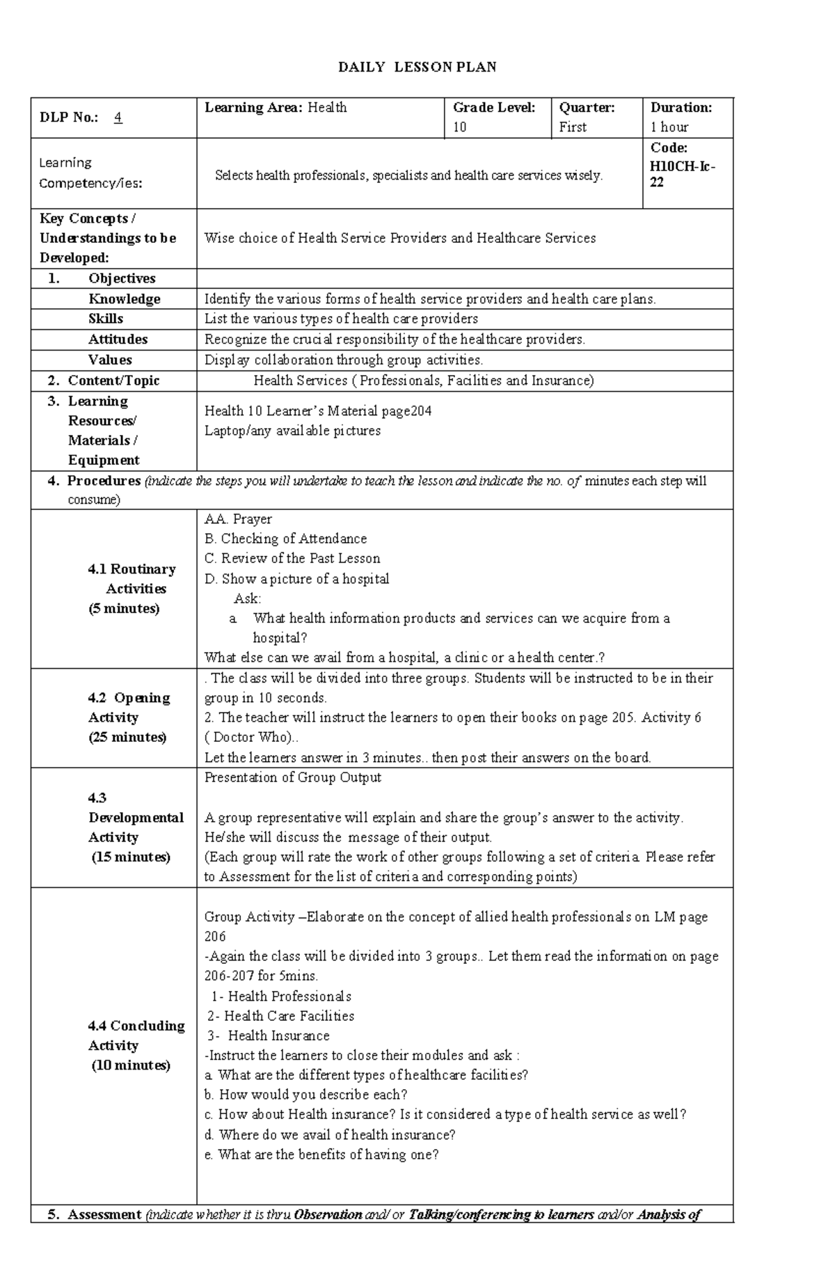 4 H10CH-Ic-22 - Reference - DAILY LESSON PLAN DLP No.: 4 Learning Area ...