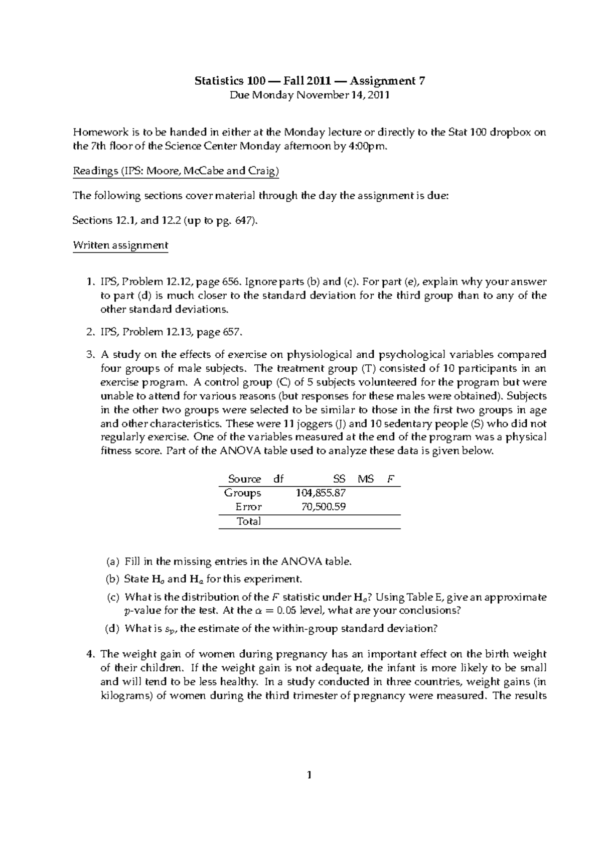 Seminar assignments - Questions and Answers 2011 - Statistics 100 Fall ...
