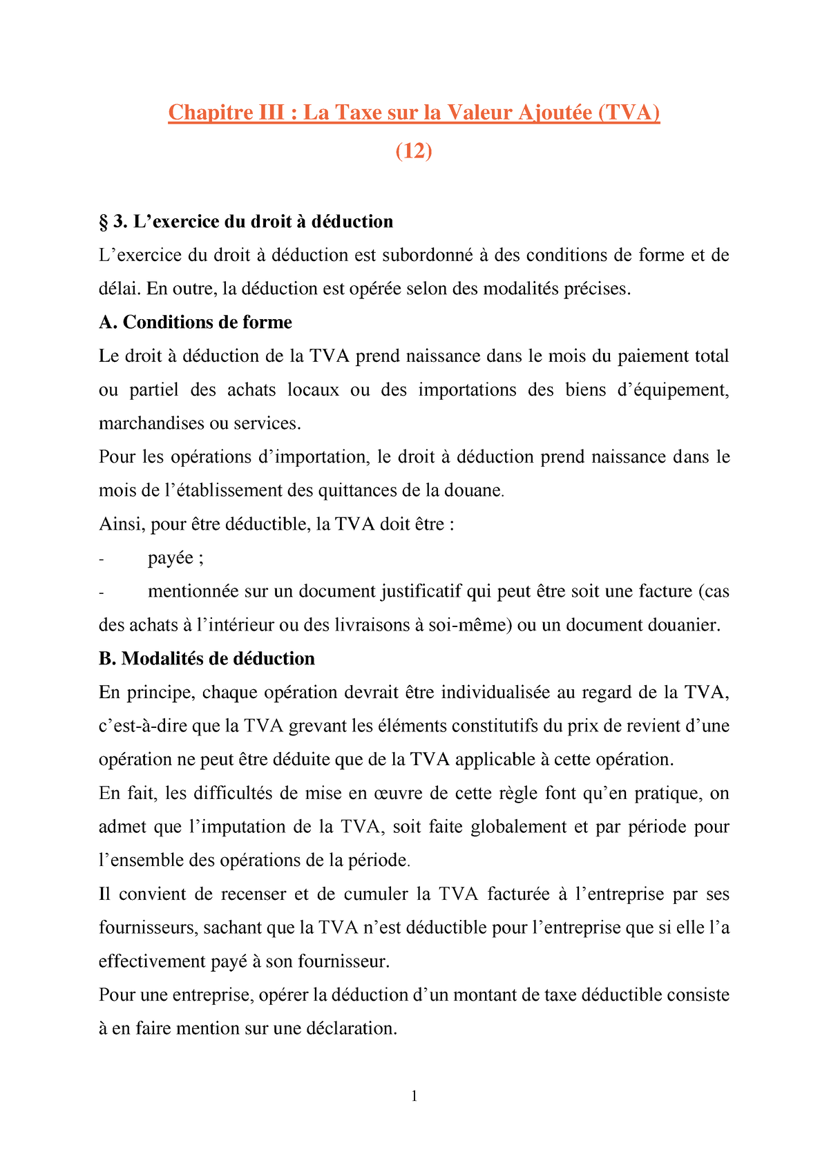 Exercice Du Droit à Déduction - 1 Chapitre III : La Taxe Sur La Valeur ...