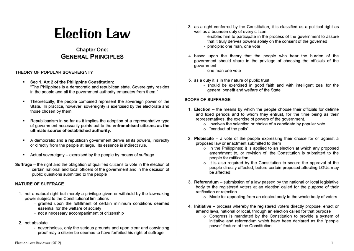 Election Law Notes - Election Law Chapter One: GENERAL PRINCIPLES ...