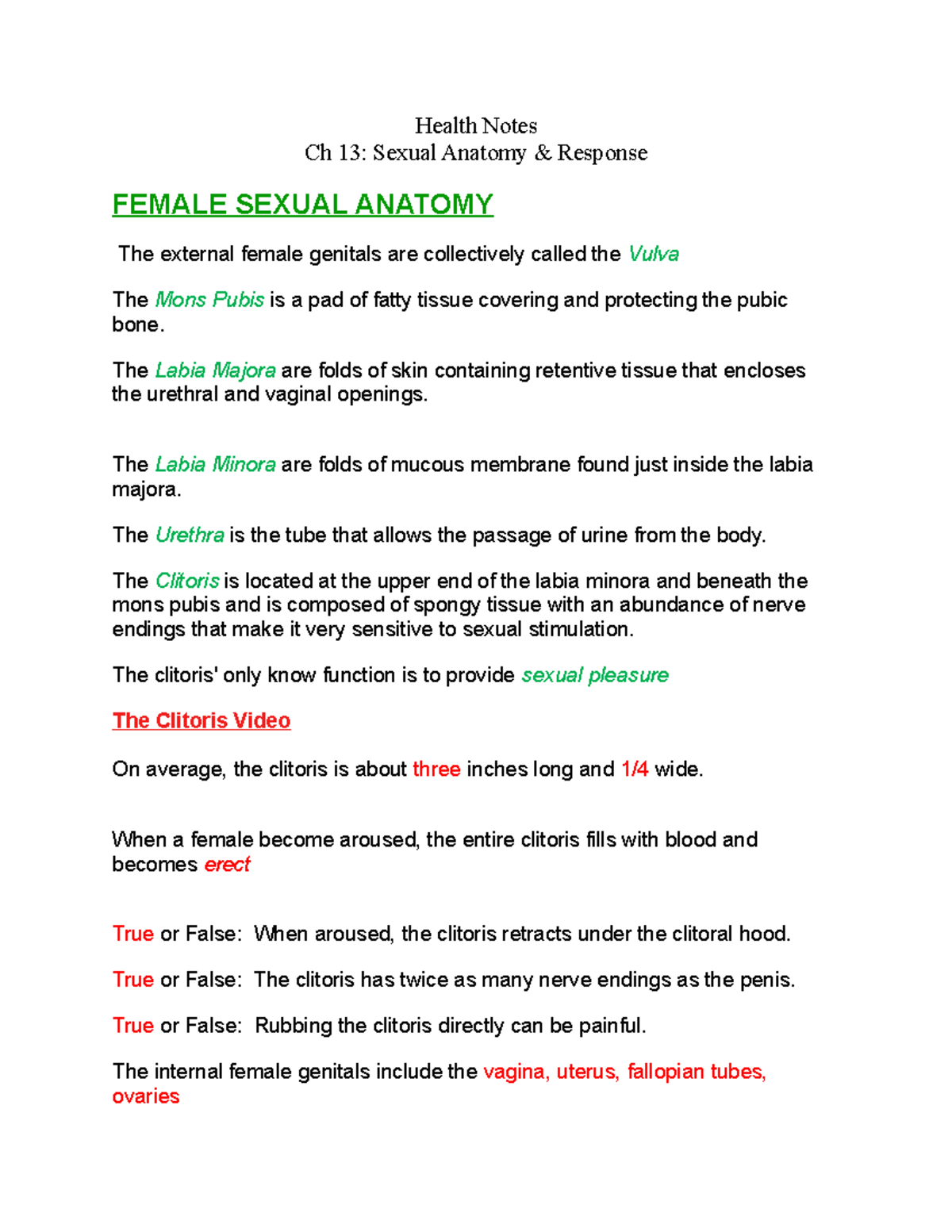 Health Ch 13 Sexual Anatomy Health Notes Ch 13 Sexual Anatomy