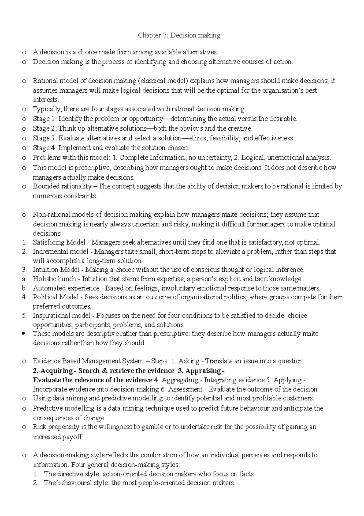 MGMT1001- Chapter 7 - regdbhfhgbsgdh - Chapter 7: Decision making o A ...