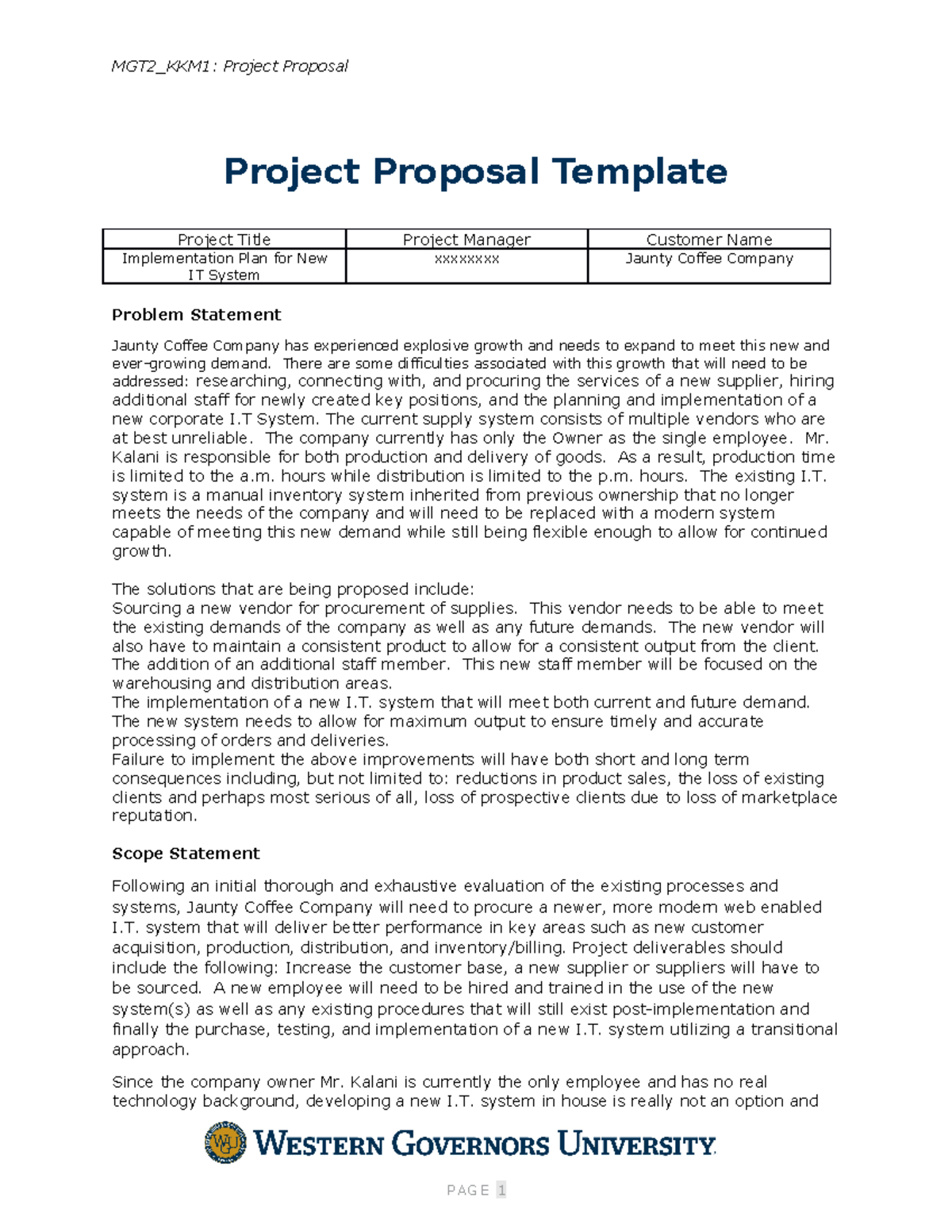 Jaunty Coffee Co Project Proposal - Mgt2 Kkm1: Project Proposal Project 