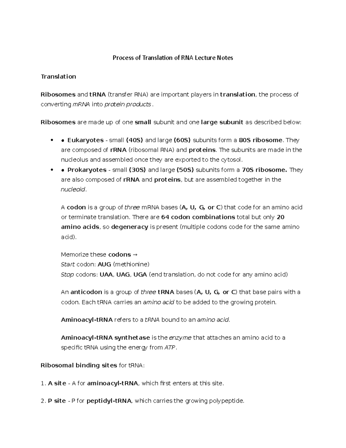 Process of Translation of RNA Lecture Notes - Process of Translation of ...