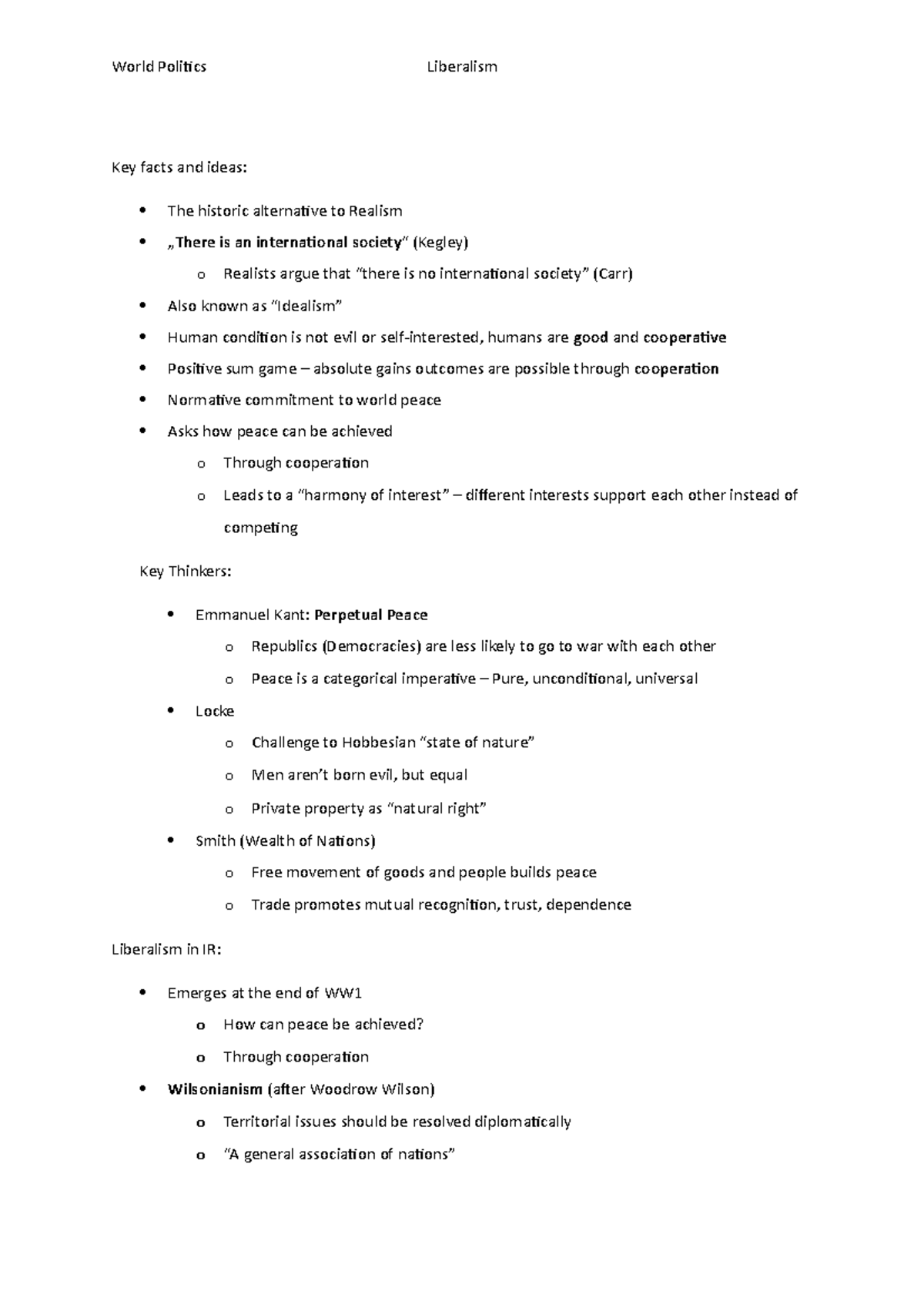 Liberalism- Summary Theories of International Relations - World ...