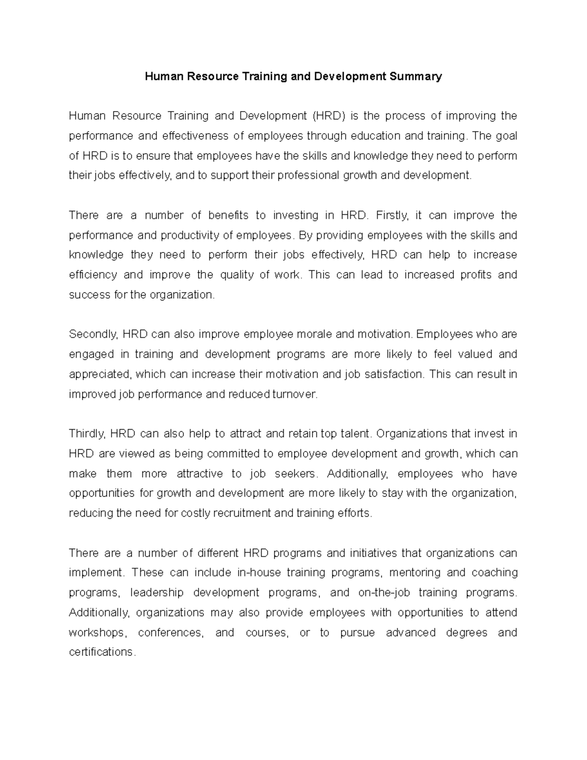 Human Resource Training and Development Summary PersonJob Fit Summary Human Resource Training