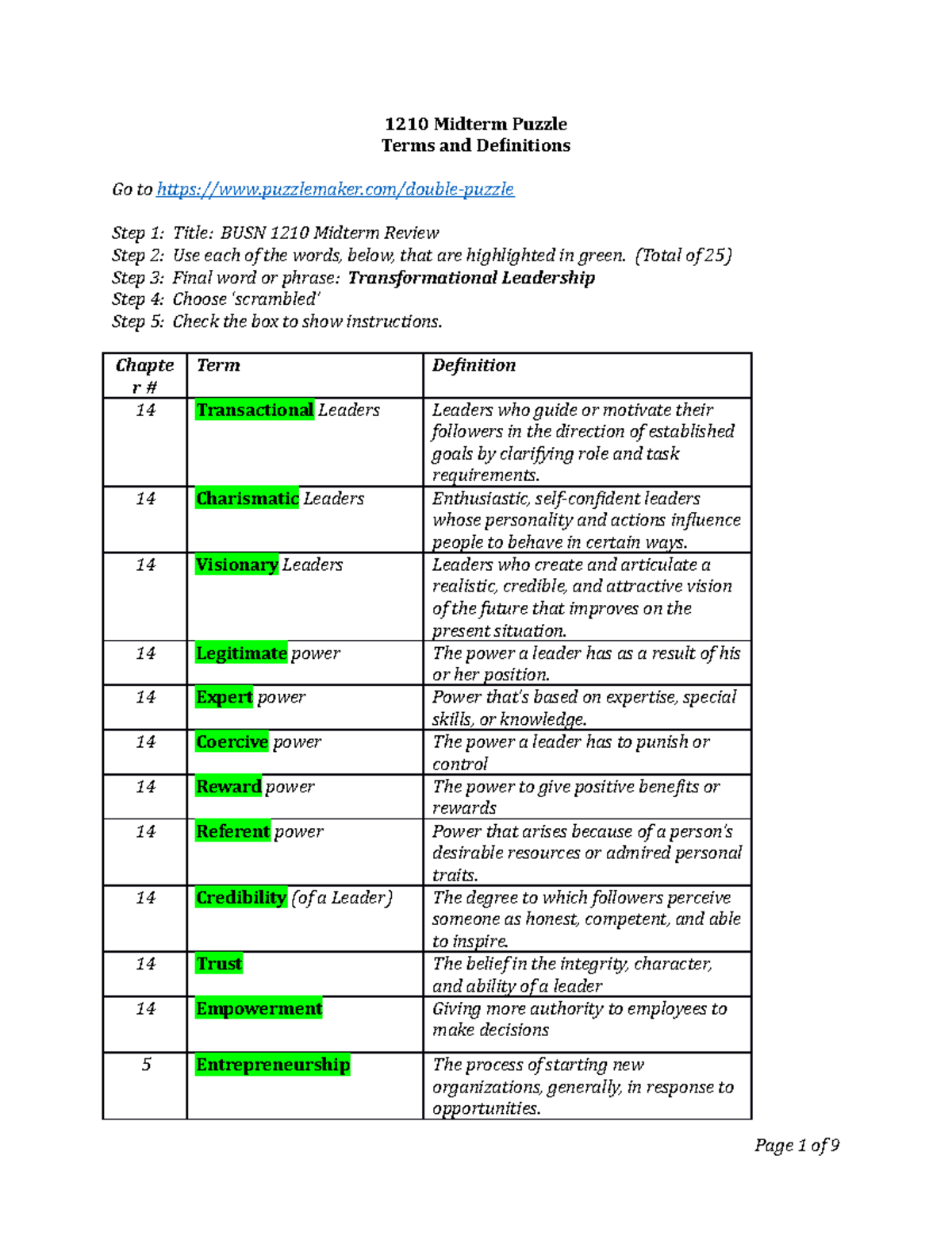 1210 Midterm Puzzle terms 1210 Midterm Puzzle Terms and Definitions Go to Studocu