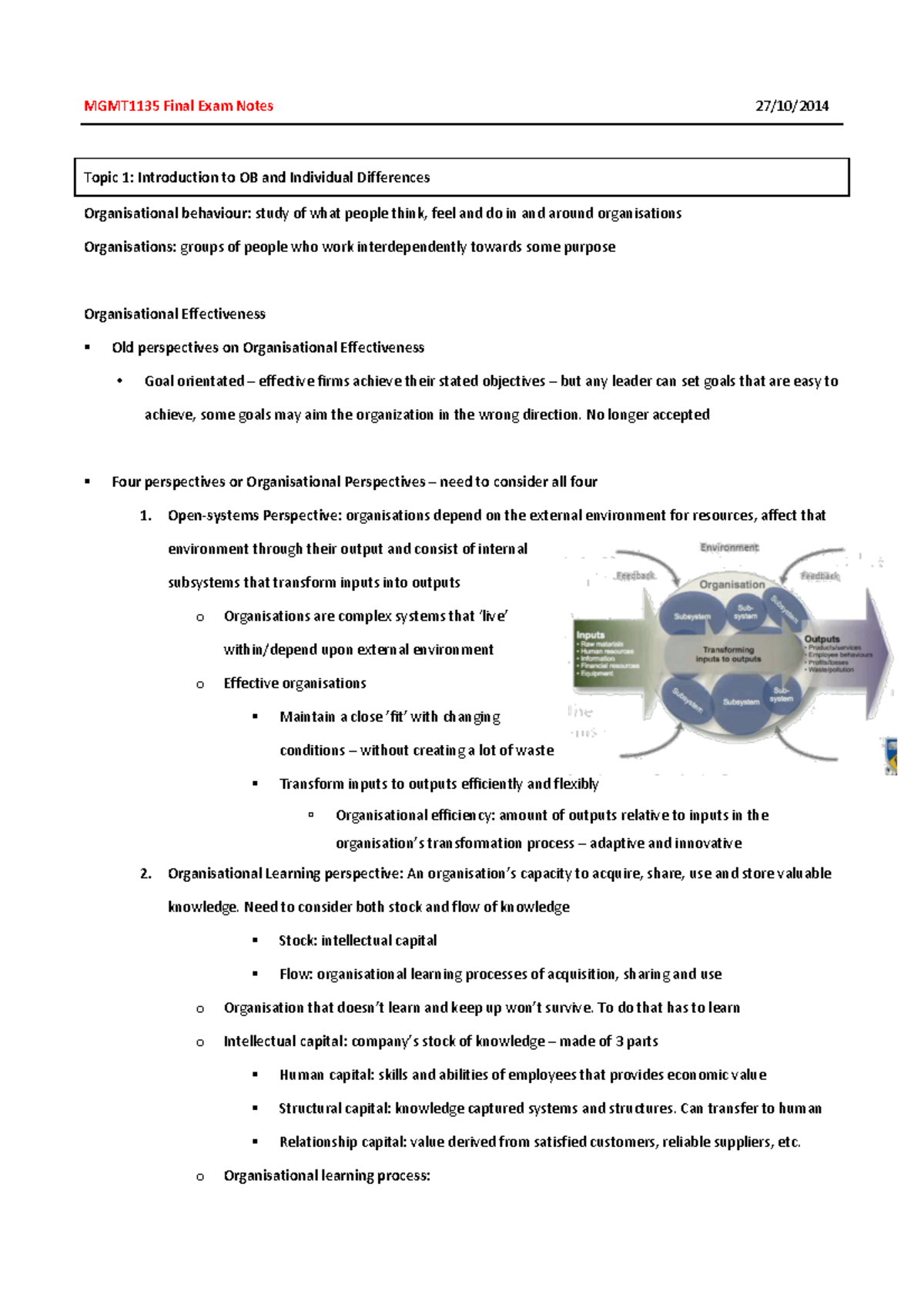 1229-sample - Book Notes - Organisational Behaviour - MGMT1135 Final ...