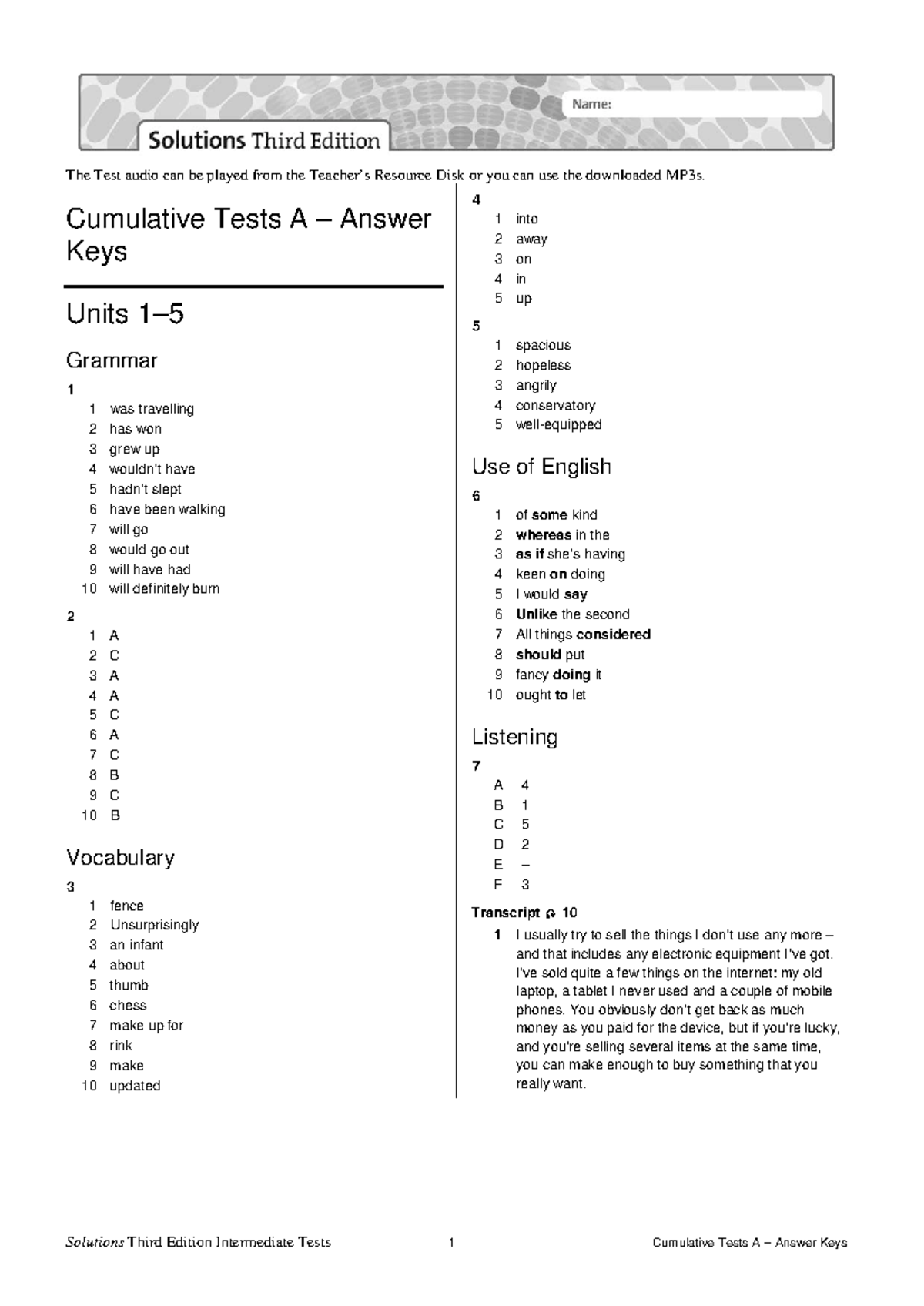 Sol3e Int Cumulative Test Answer Keys A - The Test Audio Can Be Played ...