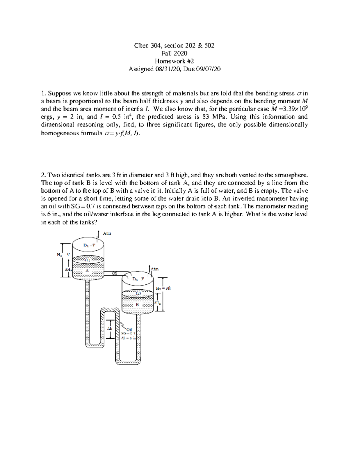 Hw2- Homework 2 - Chen 304, section 202 & 502 Fall 2020 Homework ...