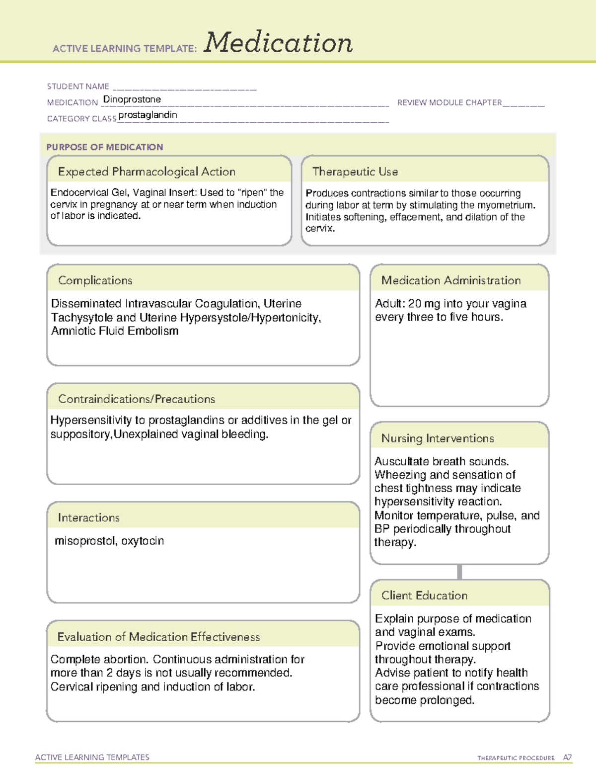 Dinoprostone Drug Card U ACTIVE LEARNING TEMPLATES THERAPEUTIC