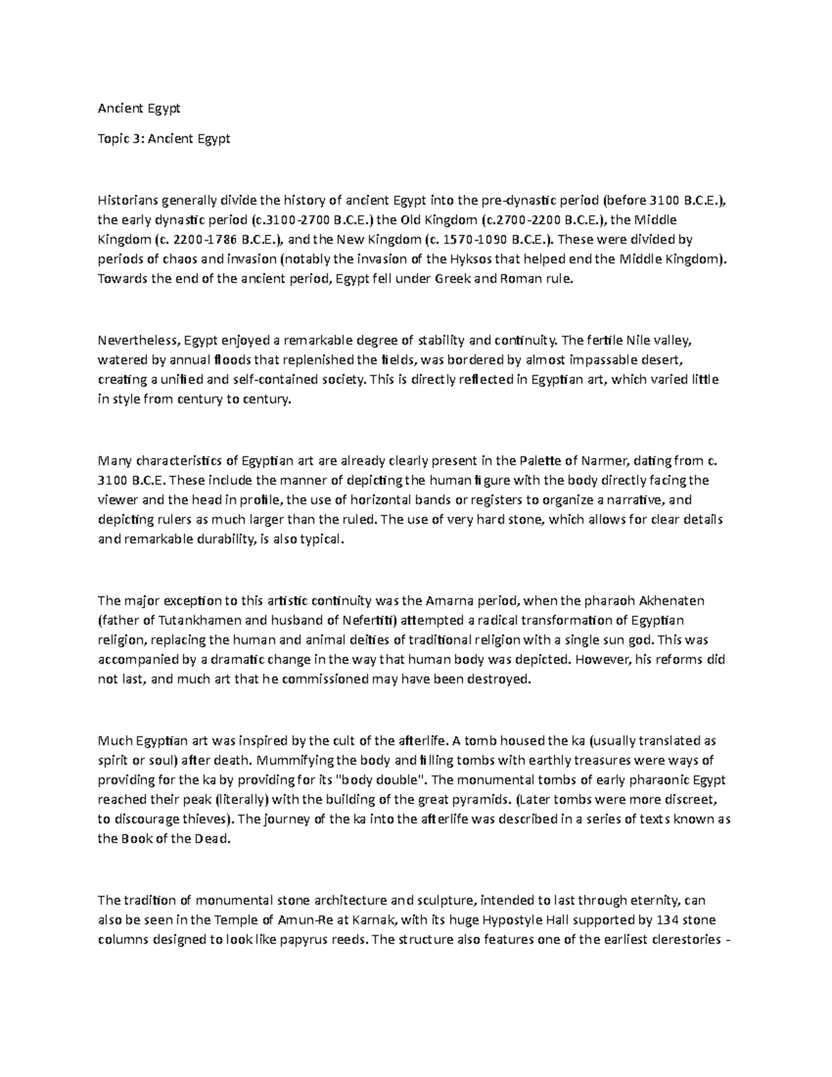 Ancient Egypt - Lecture notes 4 - Ancient Egypt Topic 3: Ancient Egypt ...