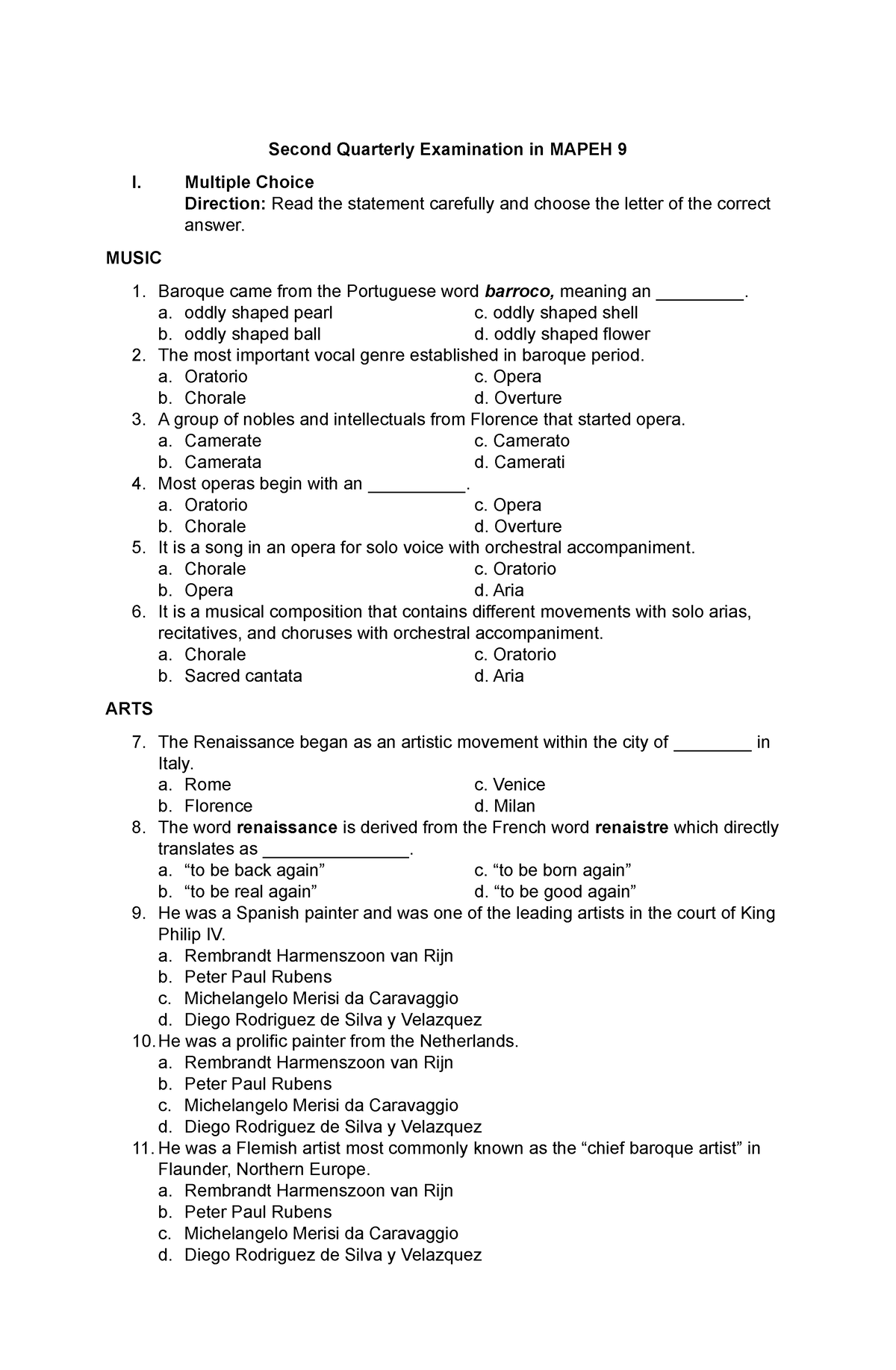 Second Quarterly Examination IN Mapeh 9 - Second Quarterly Examination ...