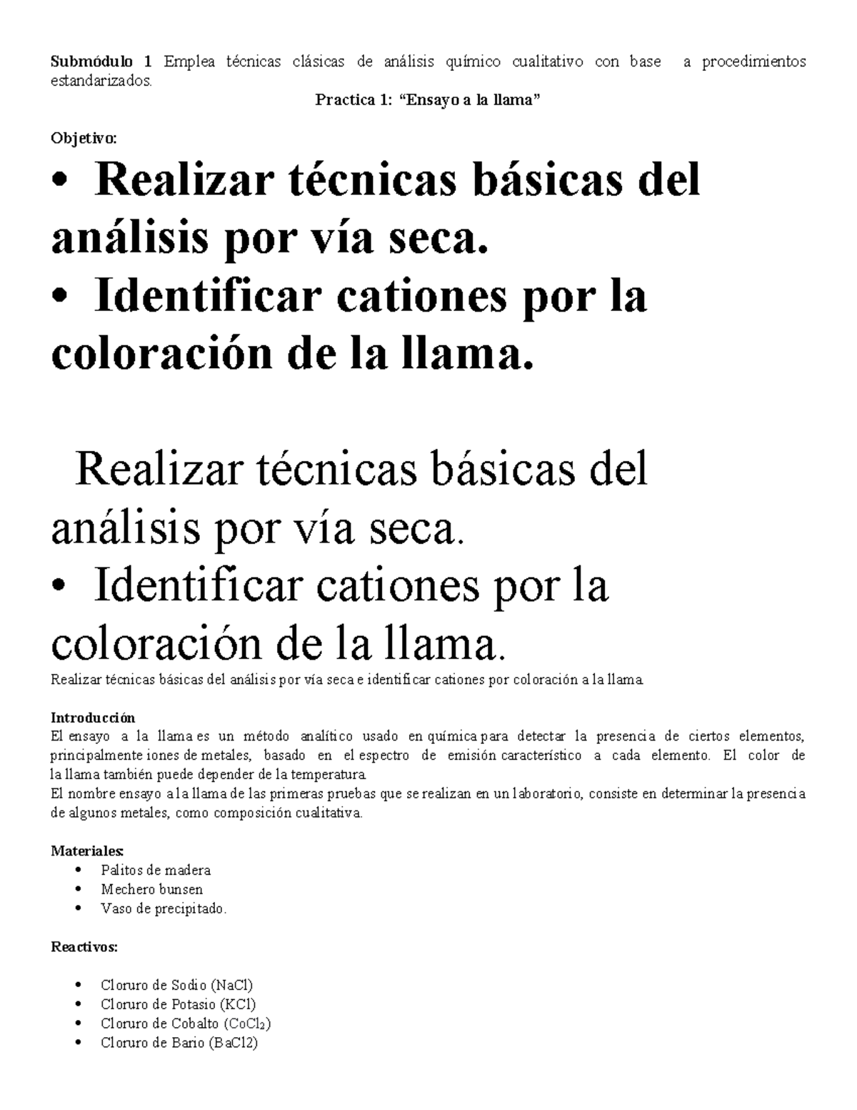 Practica ensayo a la flama - Submódulo 1 Emplea técnicas clásicas de ...