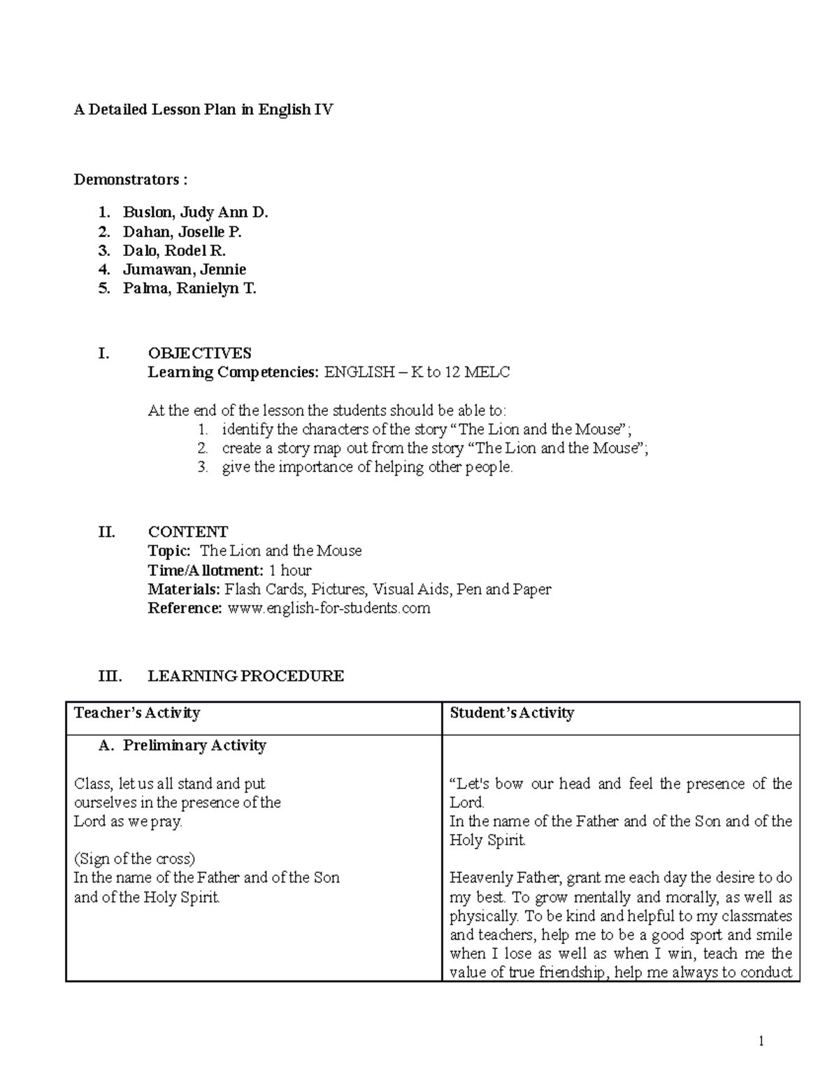 Lesson Plan - Ready-TO- Print - A Detailed Lesson Plan in English IV ...