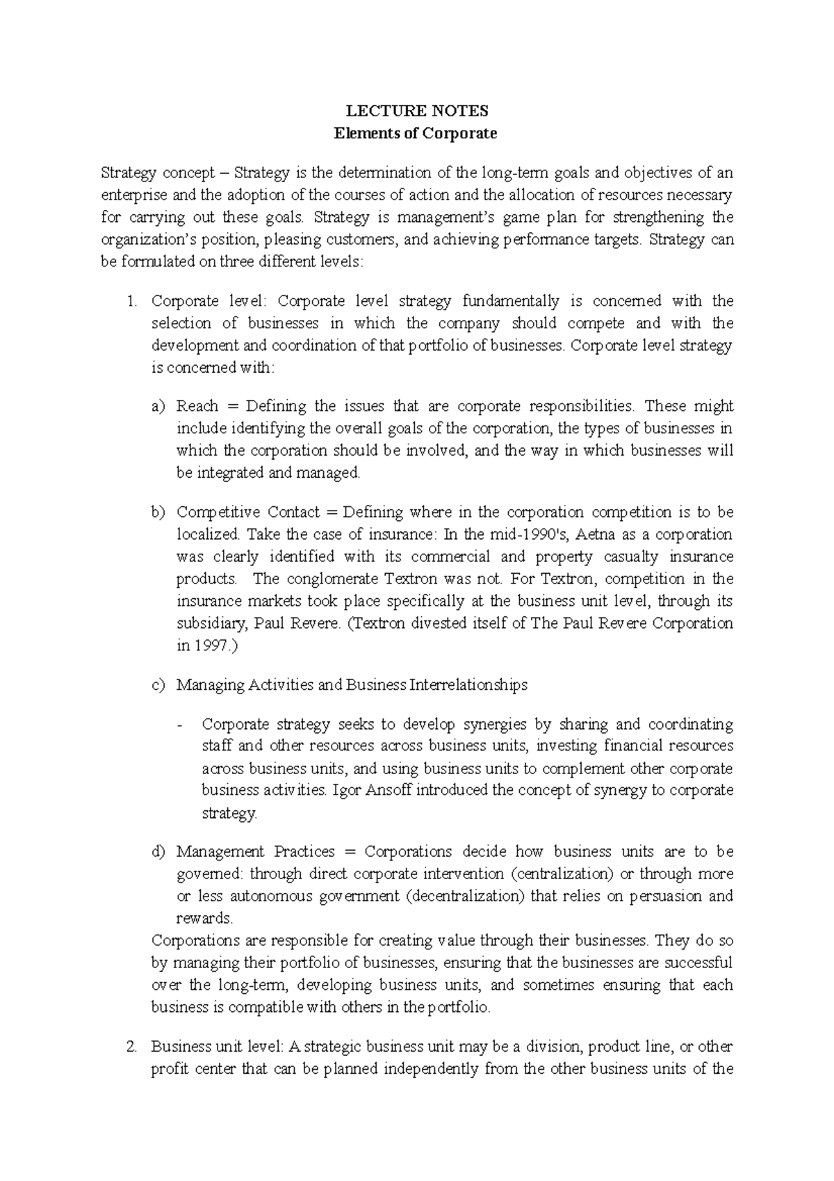 Strategic Management Elements of Corporate - LECTURE NOTES Elements of ...