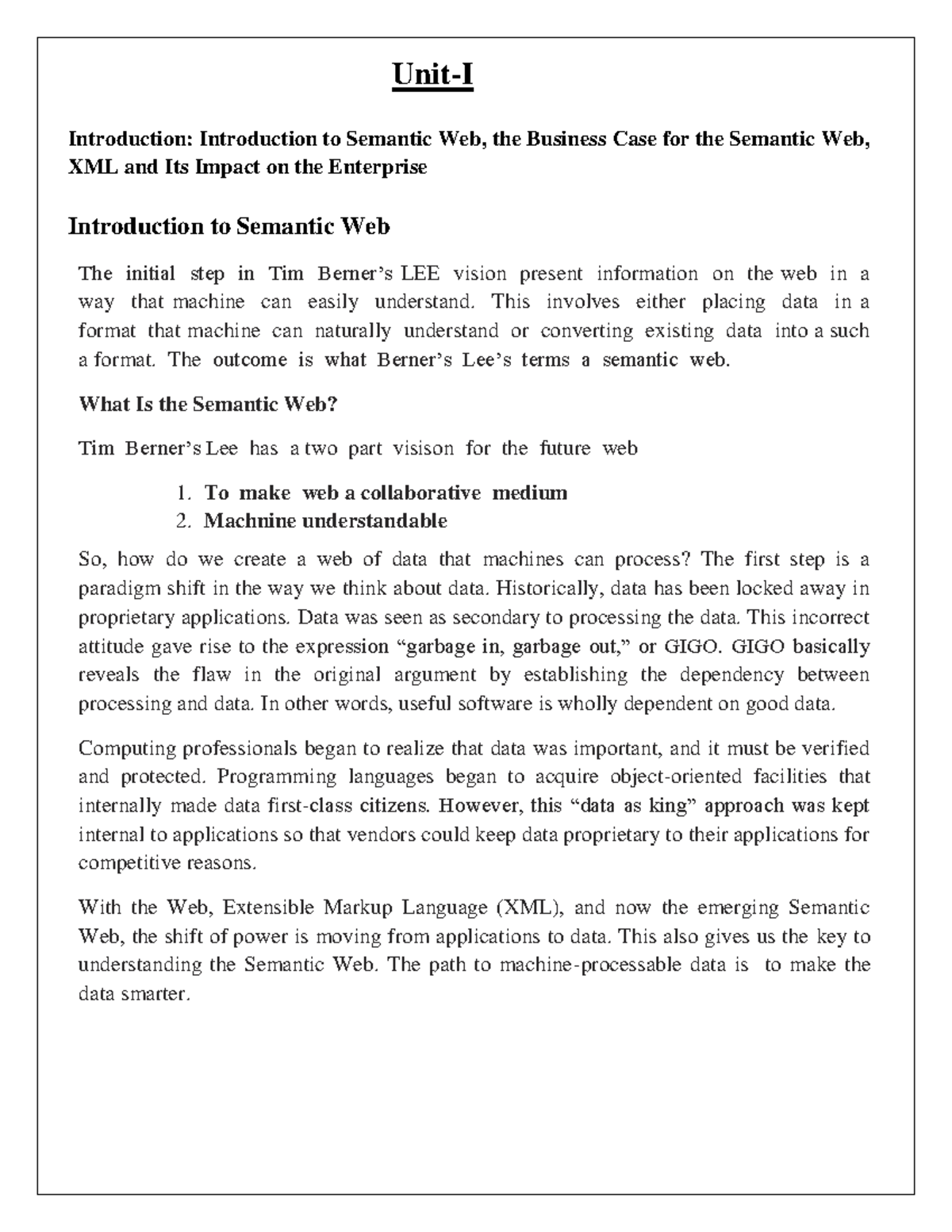 Semantic Web Unit-1 Notes - Unit-I Introduction: Introduction to ...