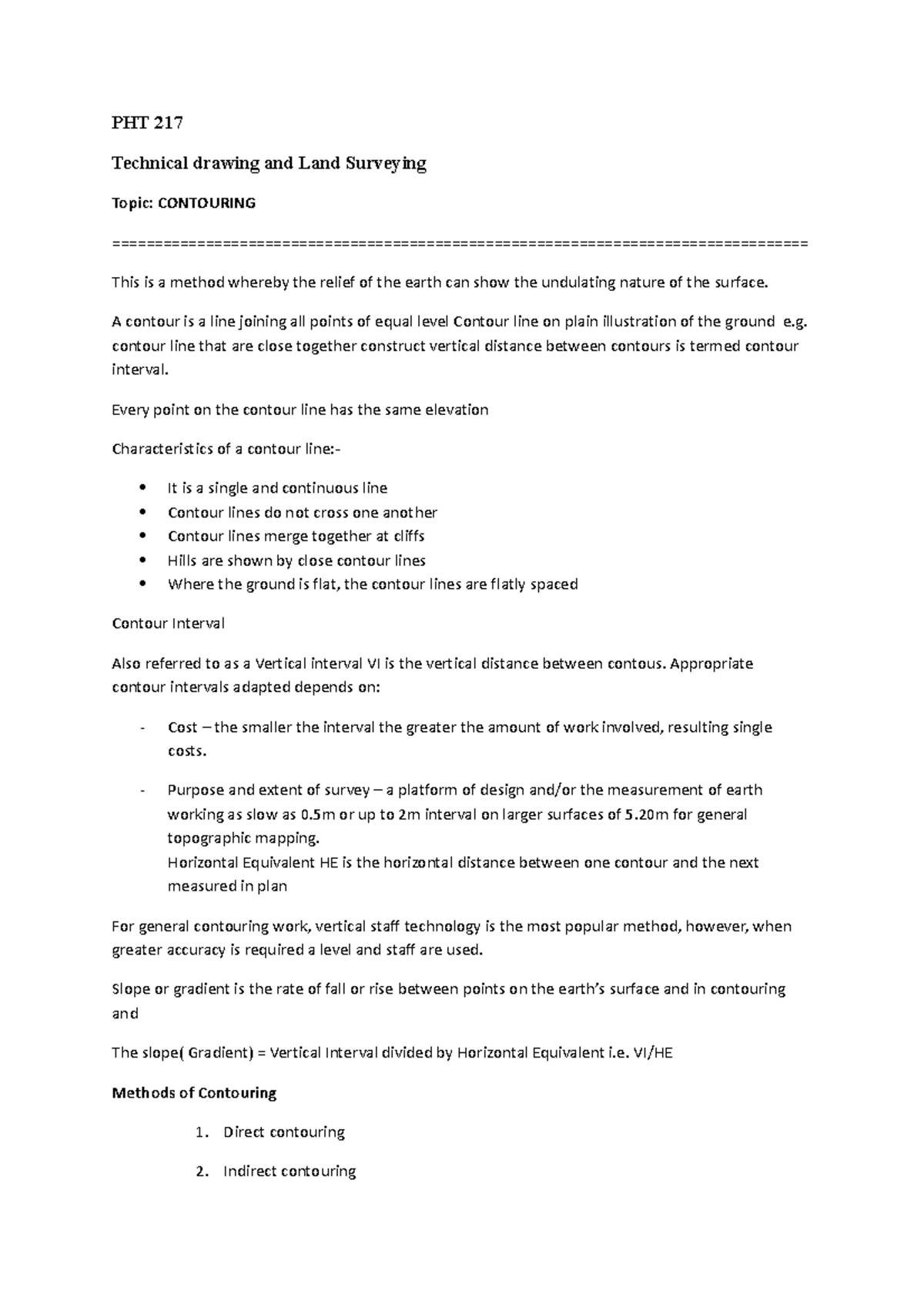 3. PHT 217 Contouring - PHT 217 Technical drawing and Land Surveying ...