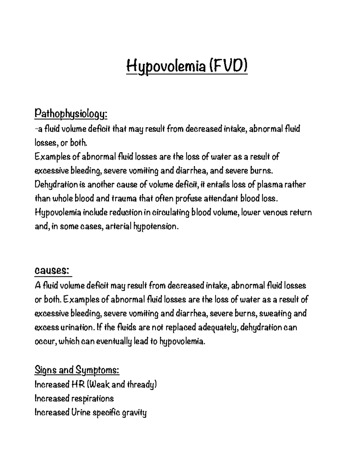 FVD (Hypovolemia) Hypovolemia (FVD) Pathophysiology a fluid volume